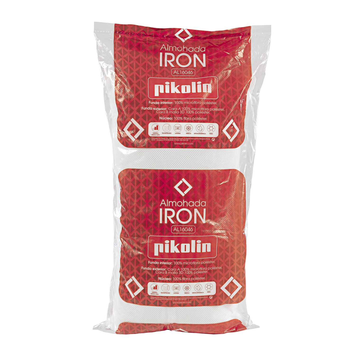 Una almohada empaquetada con marca roja y blanca. El texto incluye 'IRON', 'pikolin' y detalles de la tela. El empaque es transparente.