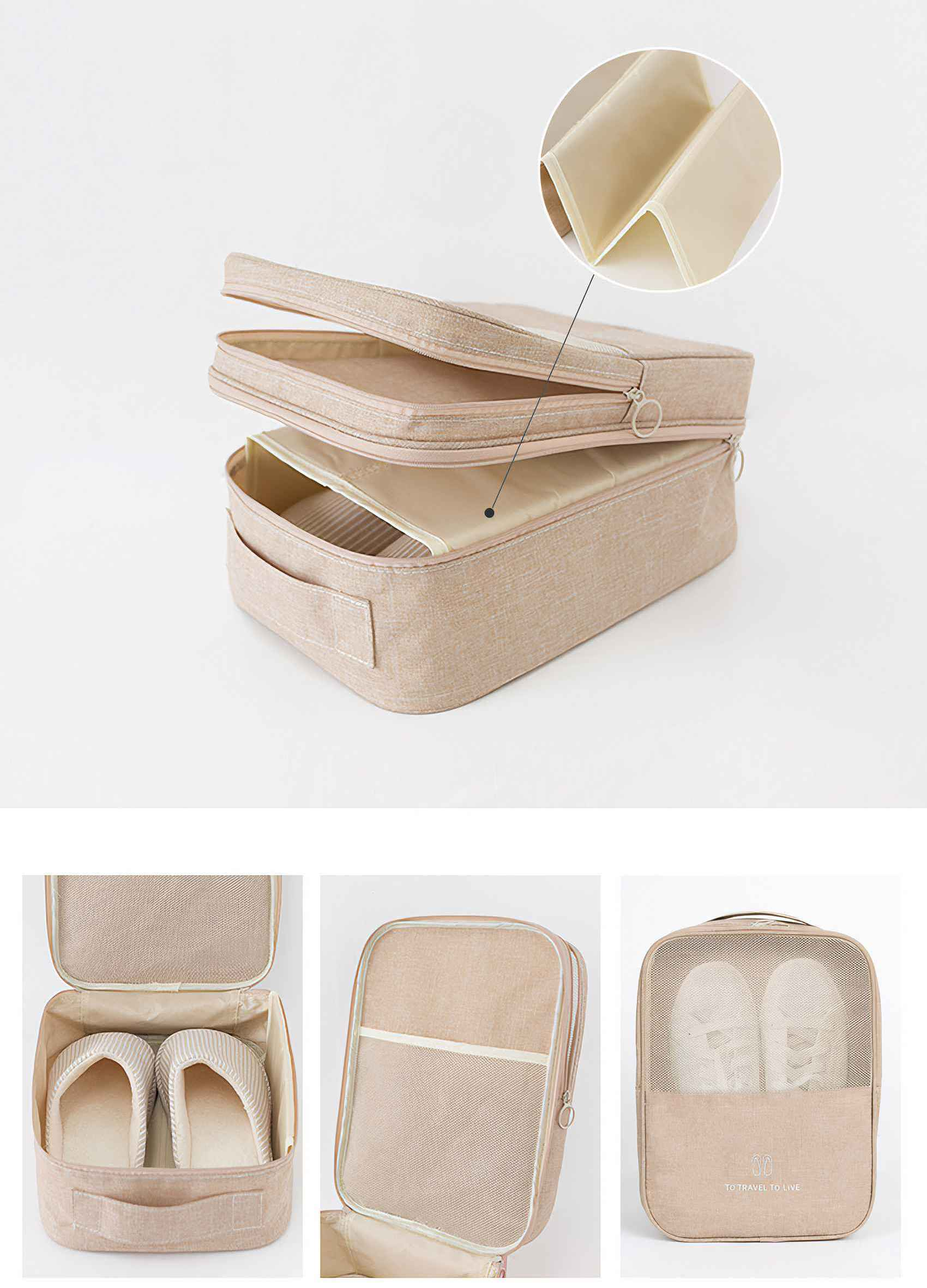 Beige Reise-Schuhtasche mit Fächern. Zeigt die geöffnete Tasche mit Schuhen. Detail des Futtermaterials.