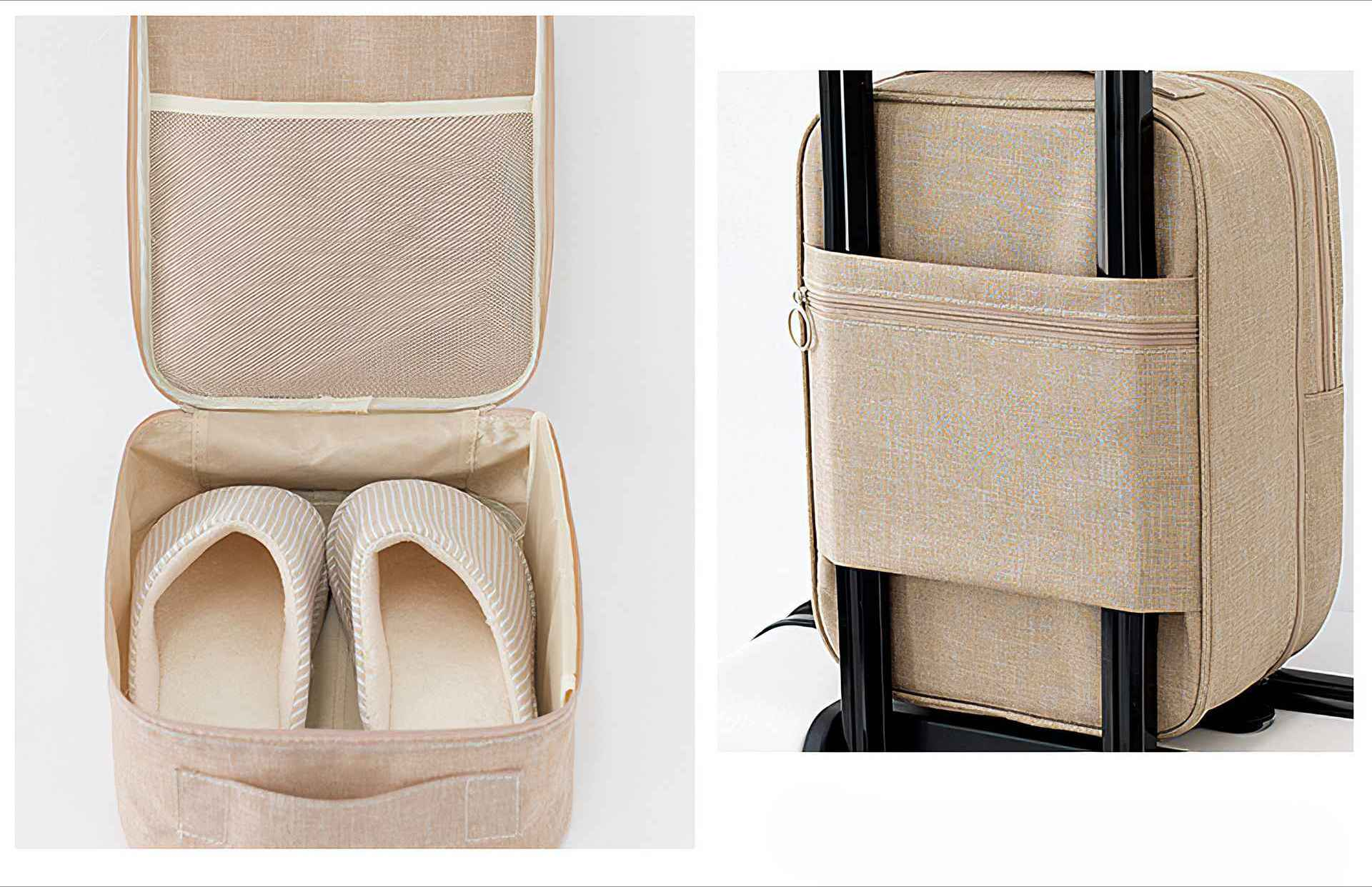Beige Reiseorganizer mit Netztasche und Hausschuhen. Rechts: beiger Koffer mit schwarzem Griff und Tasche.