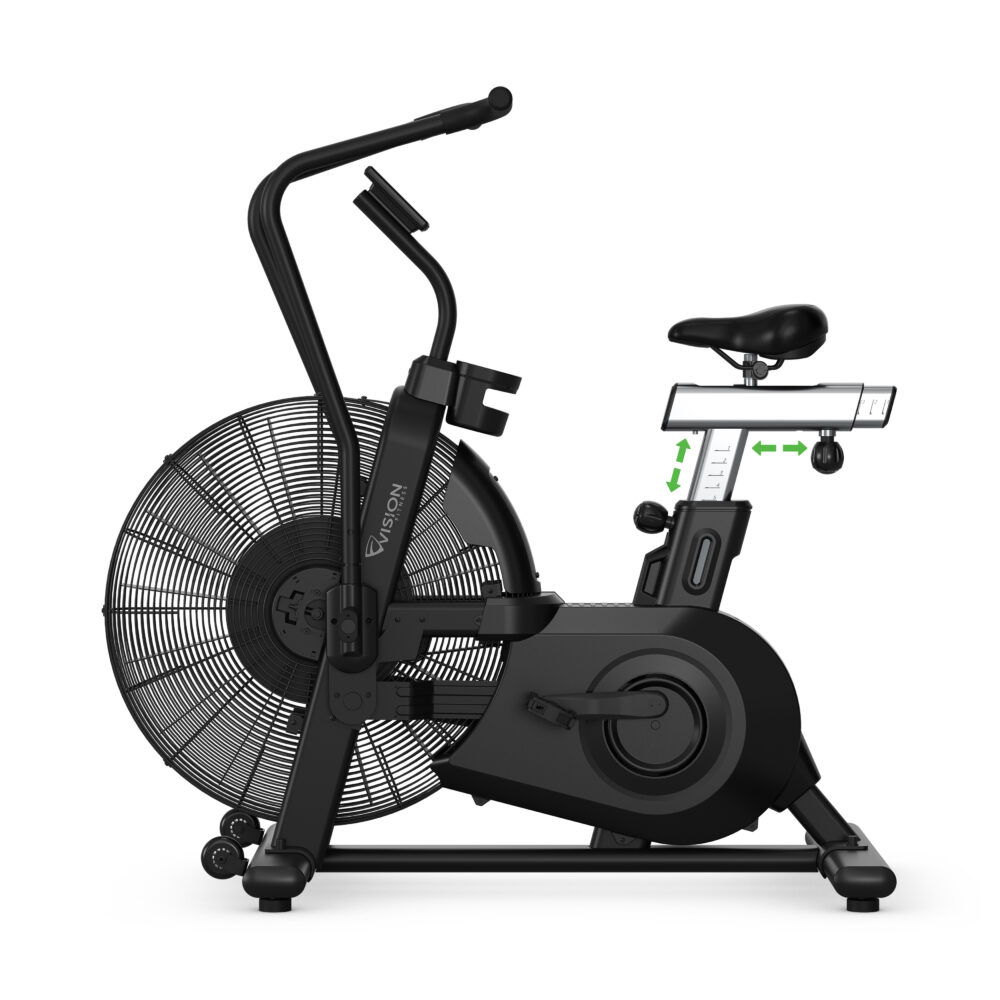 Black air bike on white background. It has a fan, seat, and handlebars. Arrows show adjustment directions for seat.