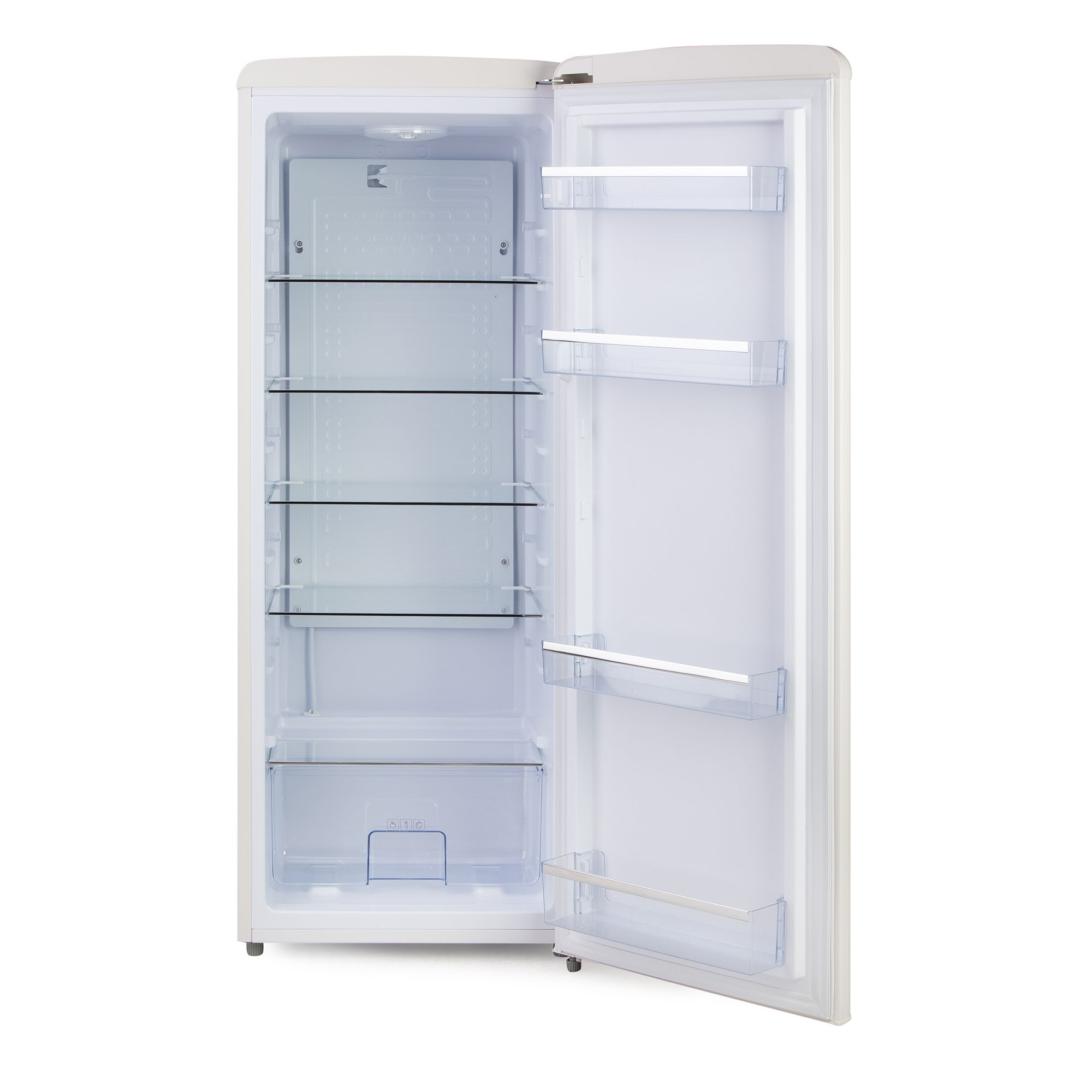 Un frigorifero bianco con la porta aperta, che rivela ripiani in vetro e scomparti. La porta ha ripiani.