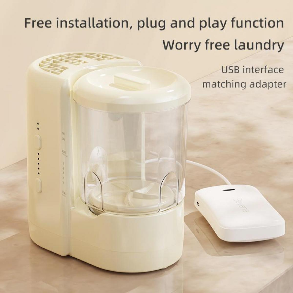Eine cremefarbene Waschmaschine mit transparentem Behälter. Ein weißer Adapter ist über ein Kabel verbunden. Text erwähnt USB-Schnittstelle.