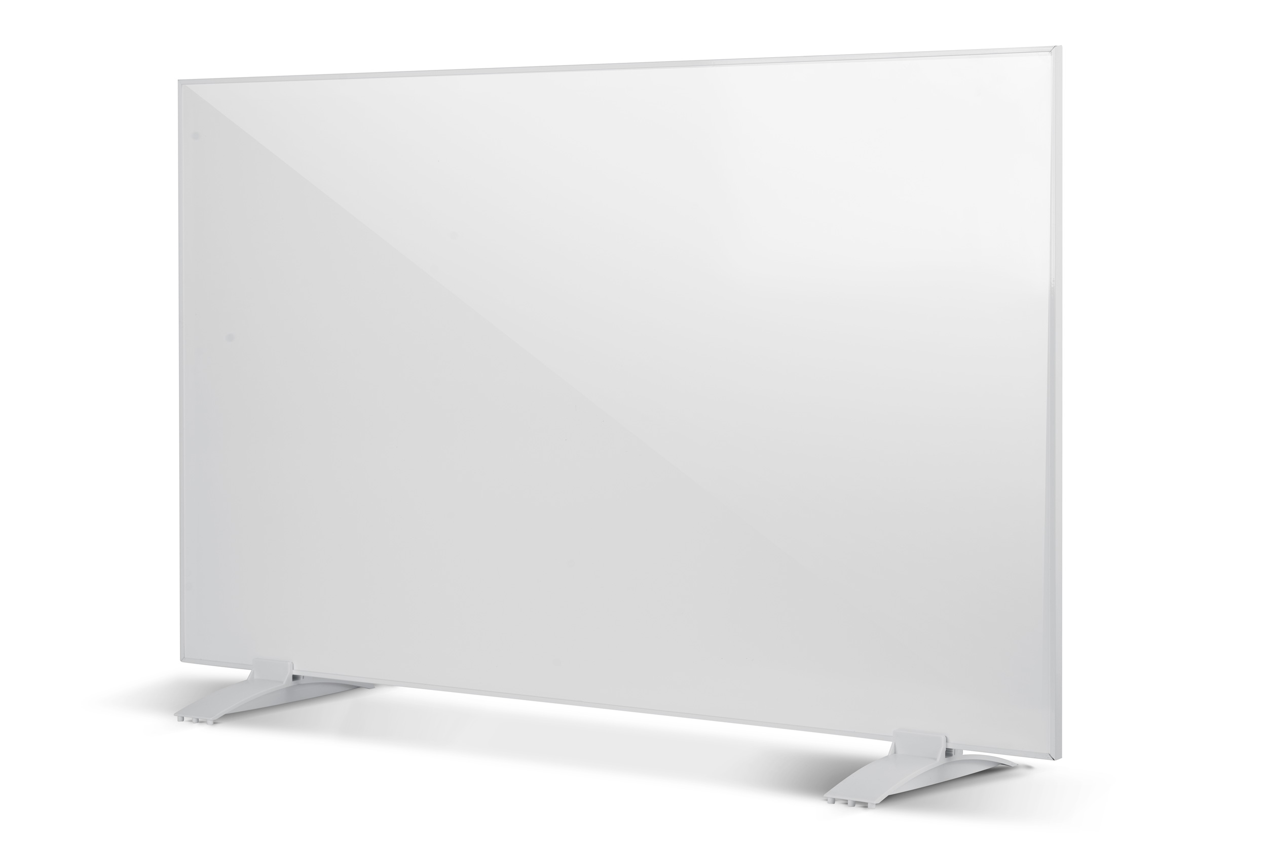 Biały panel szklany z białą ramą i białymi nóżkami na białym tle.