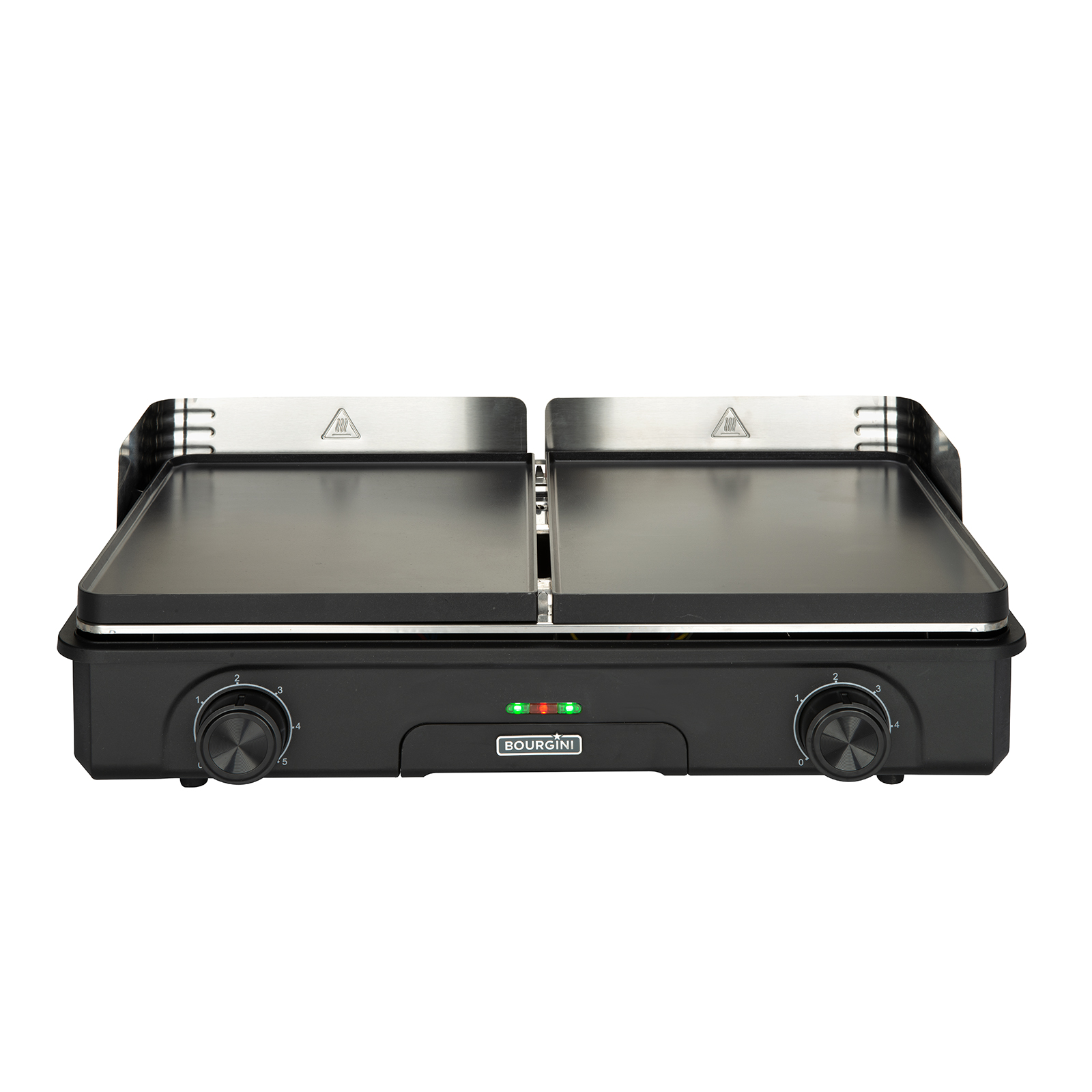 Schwarzer Bourgini Elektrogrill mit zwei Kochflächen, Drehknöpfen und Kontrollleuchten. Silberne Akzente und Warnsymbole sind sichtbar.