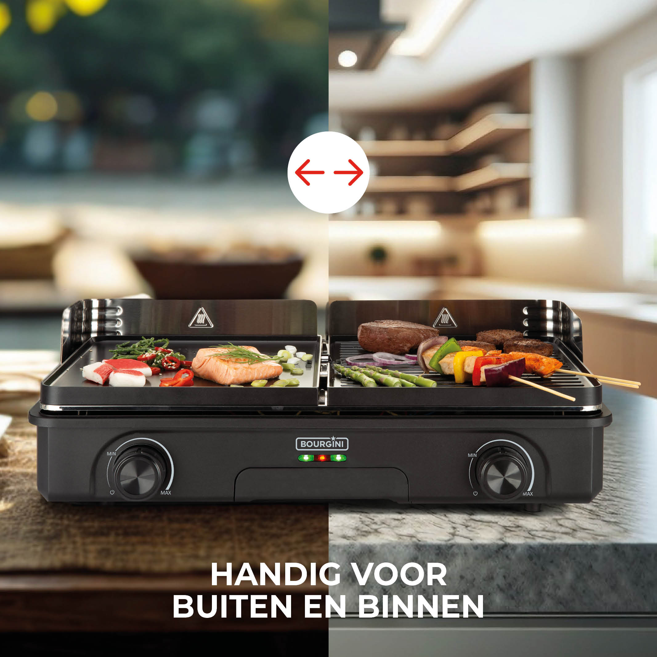 Ein schwarzer Grill mit Essen darauf. Es hat zwei Kochflächen. Der Text HANDIG VOOR BUITEN EN BINNEN steht darunter.