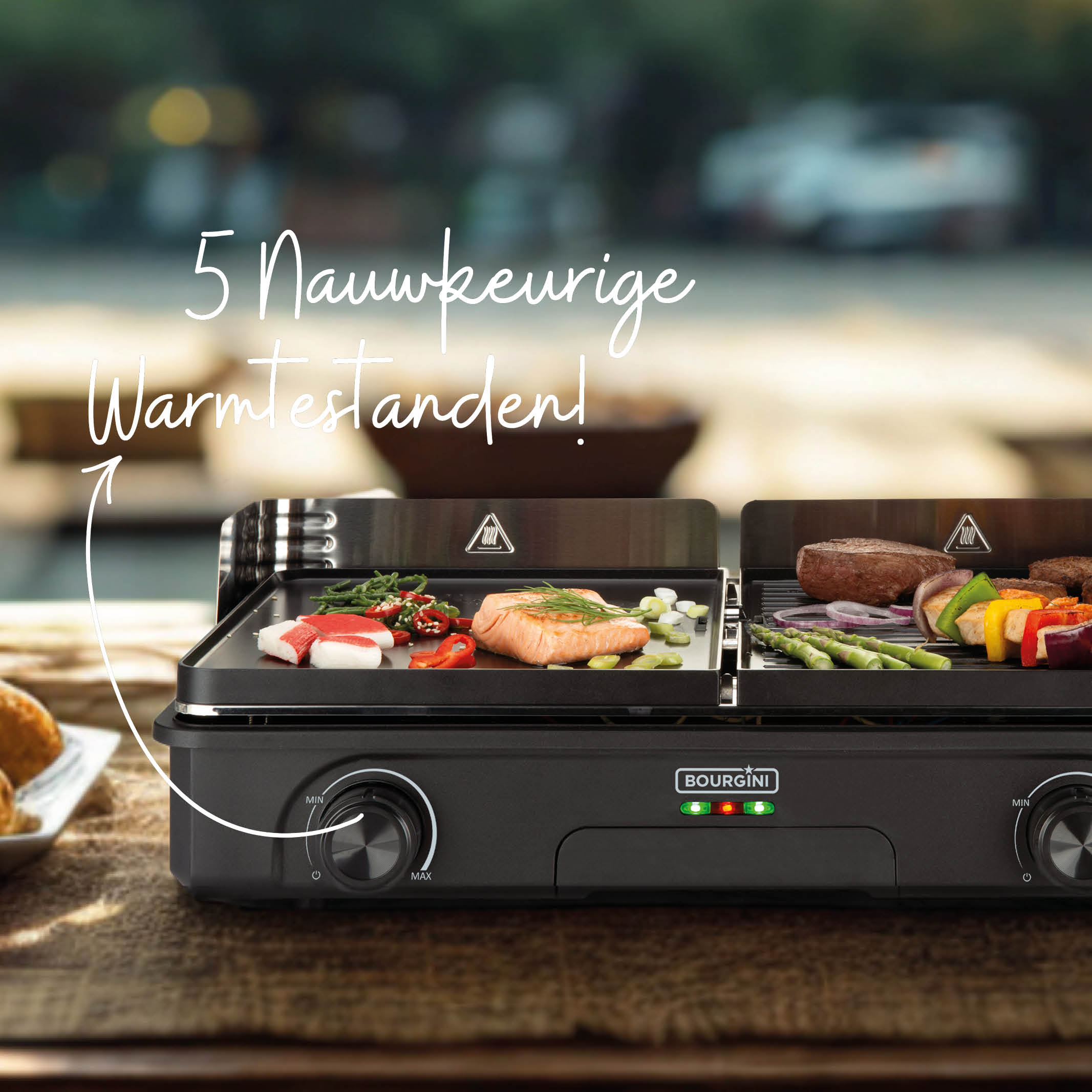 Ein schwarzer Grill mit Essen darauf. Niederländischer Text: '5 präzise Wärmeeinstellungen'. Gemüse und Fleisch sind sichtbar.