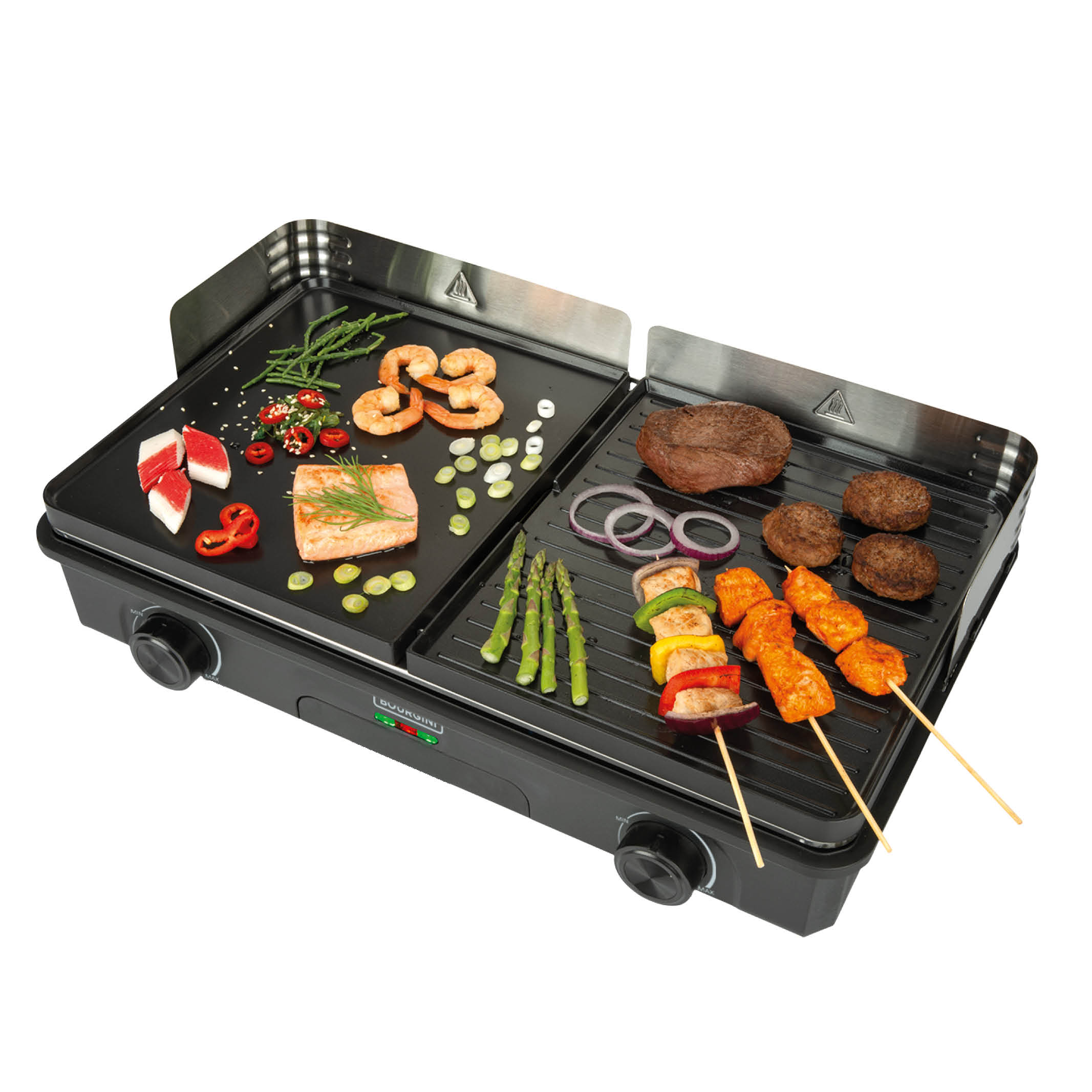 Elektrischer Grill mit gekochten Speisen: Meeresfrüchte, Steak, Spieße und Gemüse. Schwarzes und silbernes Design, weißer Hintergrund.