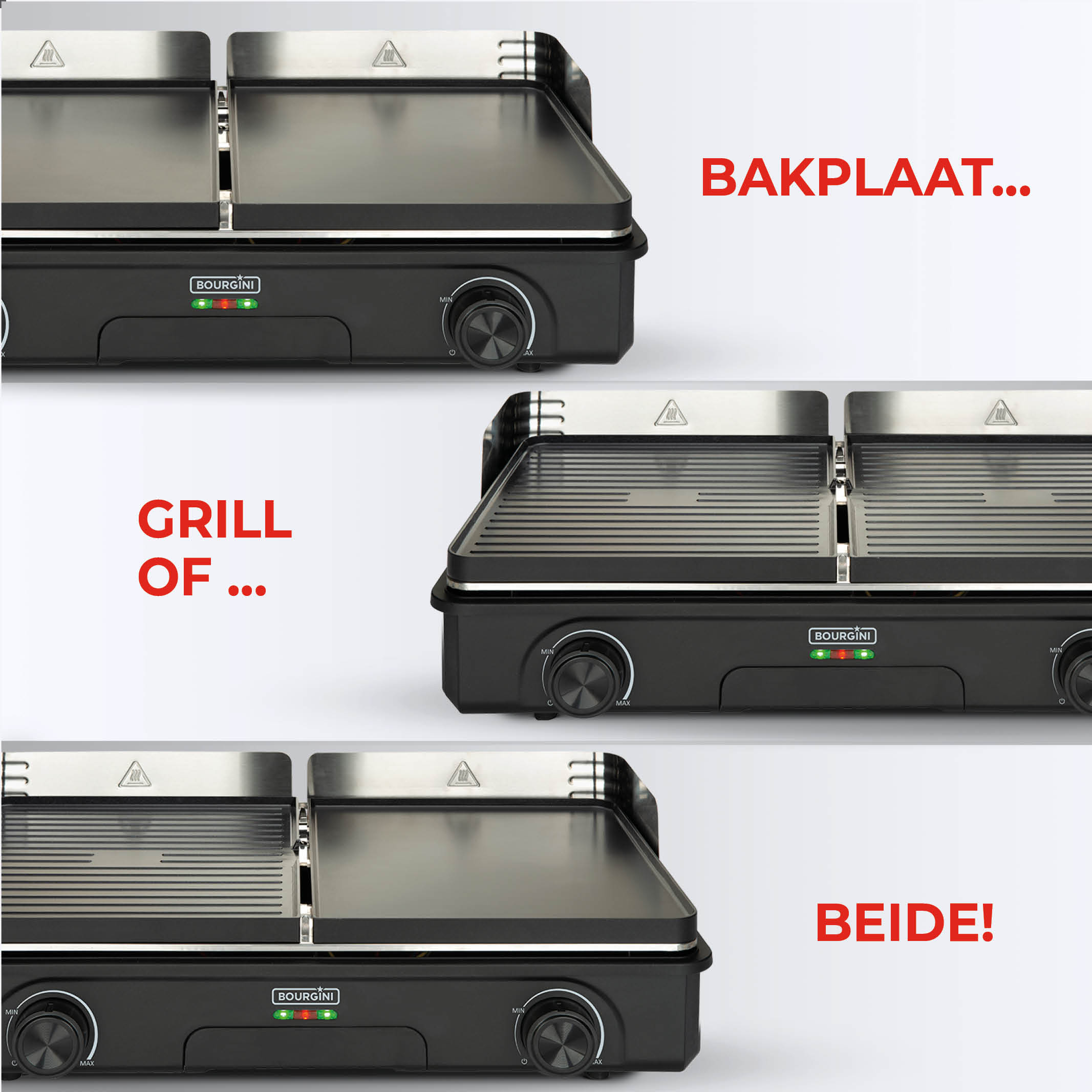 Drei schwarze Bourgini-Grills mit verschiedenen Kochflächen. Textüberlagerungen lauten 'BAKPLAAT...', 'GRILL OF...' und 'BEIDE!'