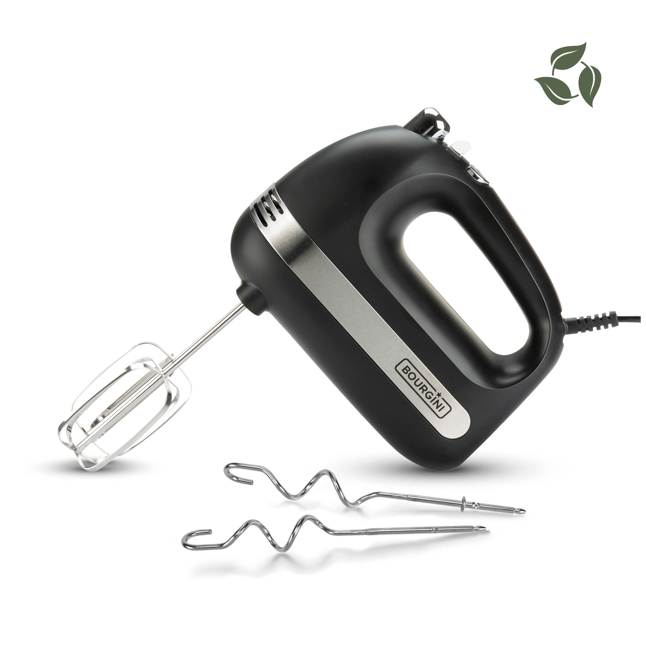 Schwarzer Handmixer mit zwei Aufsätzen. Markenname Bourgini. Ein Recycling-Logo befindet sich oben rechts.