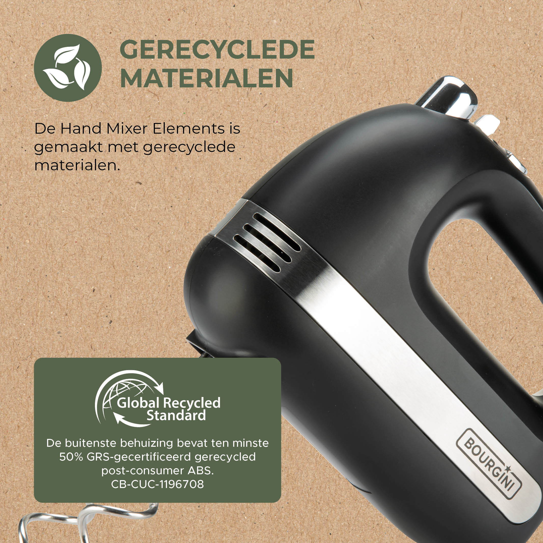 Ein schwarzer Handmixer mit silberner Akzent. Der Text lautet 'Gerecycled Materialen' und 'Global Recycled Standard'.