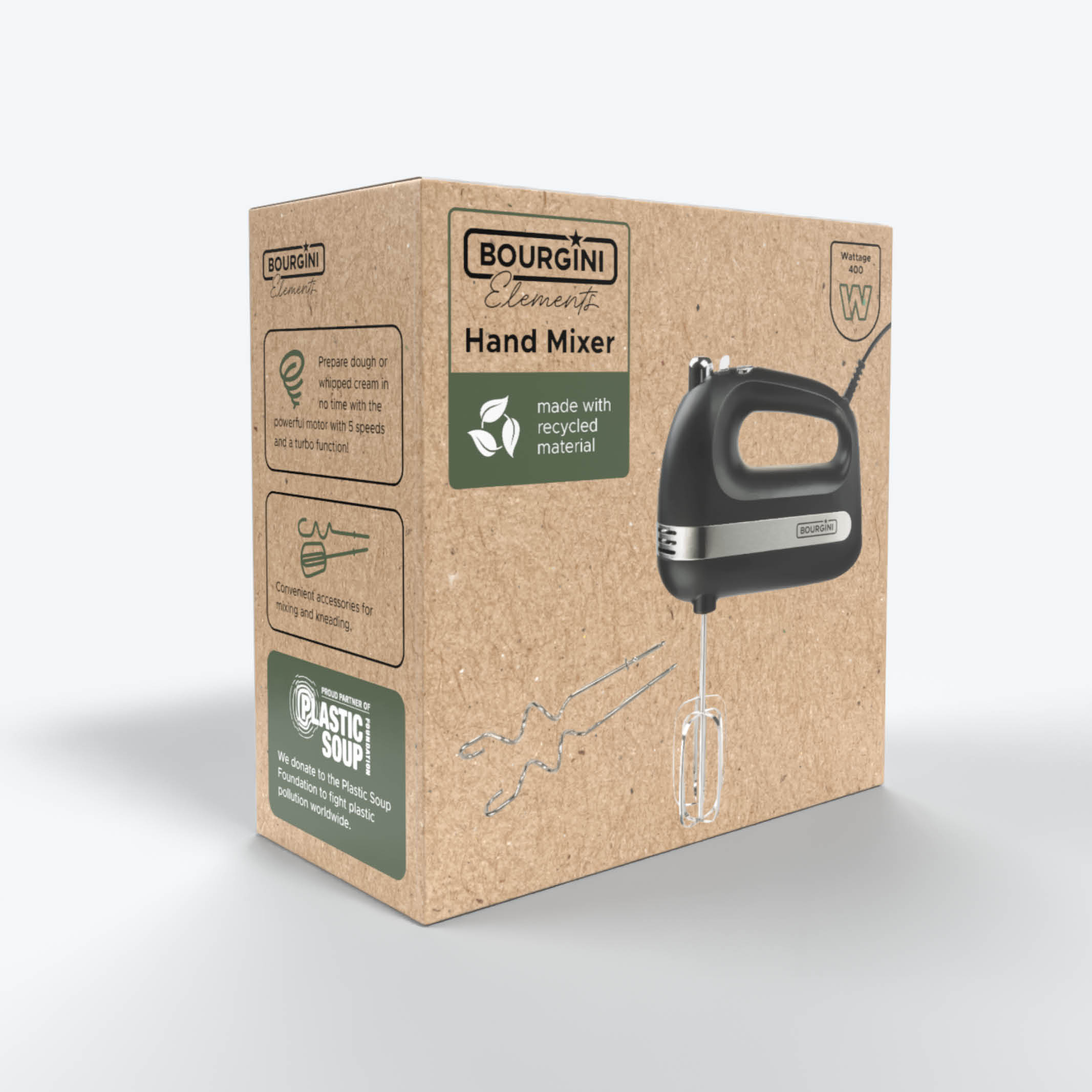 Eine Schachtel mit Bourgini Elements Handmixer. Die Schachtel ist braun. Der Mixer ist schwarz. Es hat ein Netzkabel und Aufsätze.