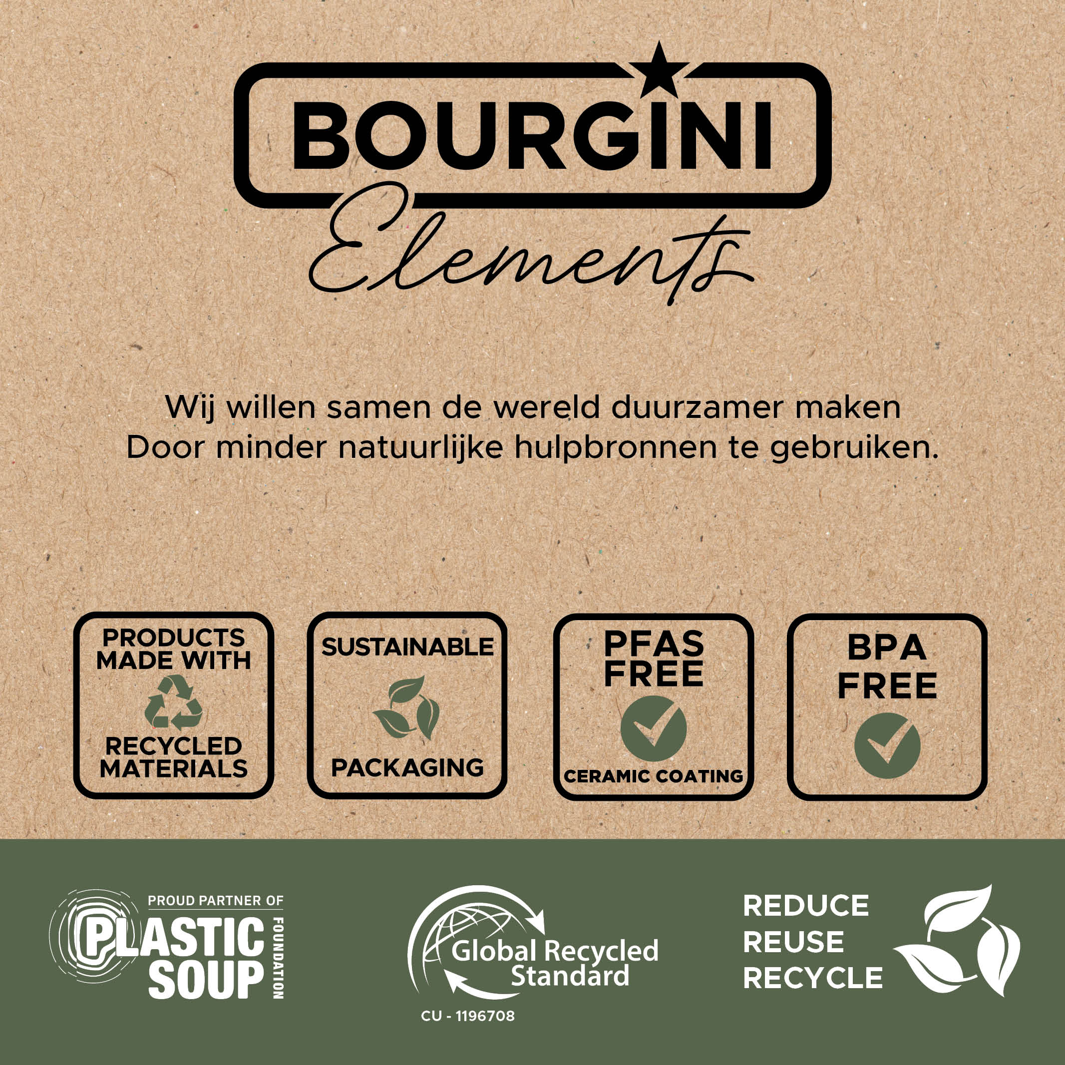 Brauner Hintergrund mit Text und Logos. Oben befindet sich das Bourgini Elements Logo. Logos für recycelt, nachhaltig und BPA-frei sind vorhanden.