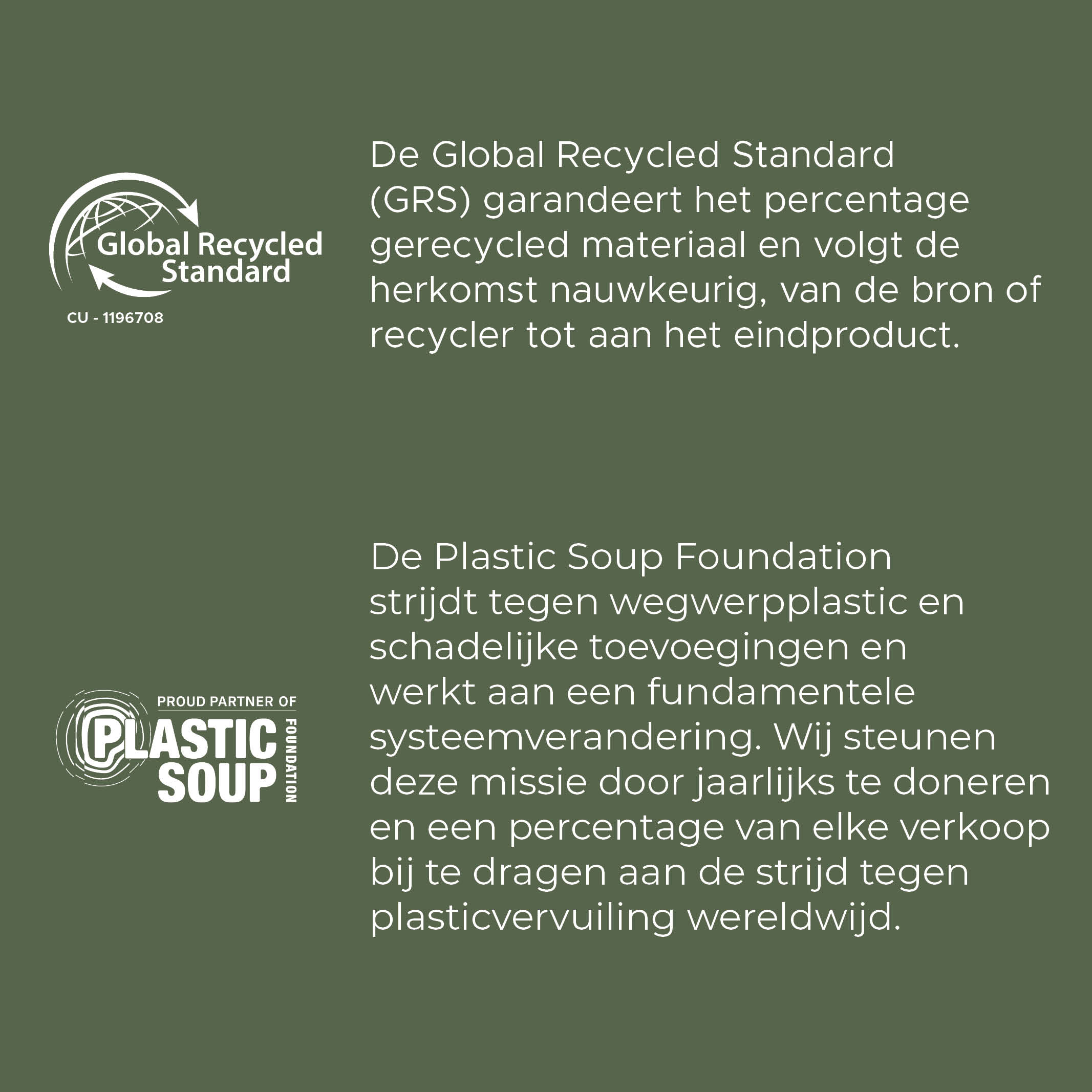 Das Bild zeigt Logos für 'Global Recycled Standard' und 'Plastic Soup Foundation' mit beschreibendem Text.