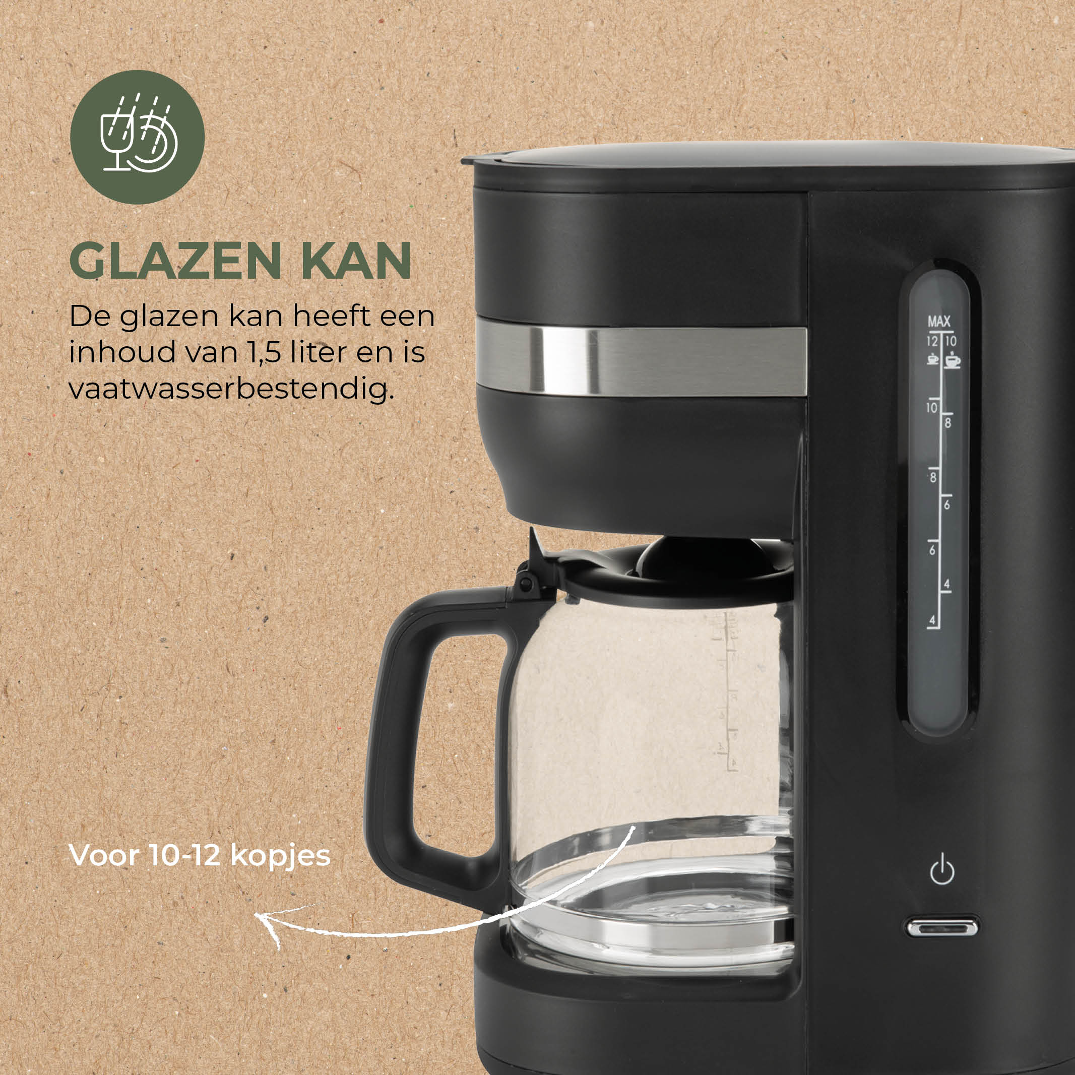 Een zwarte koffiezetapparaat met glazen kan, capaciteitsaanduidingen en een aan/uit-knop. Tekst: 10-12 kopjes.