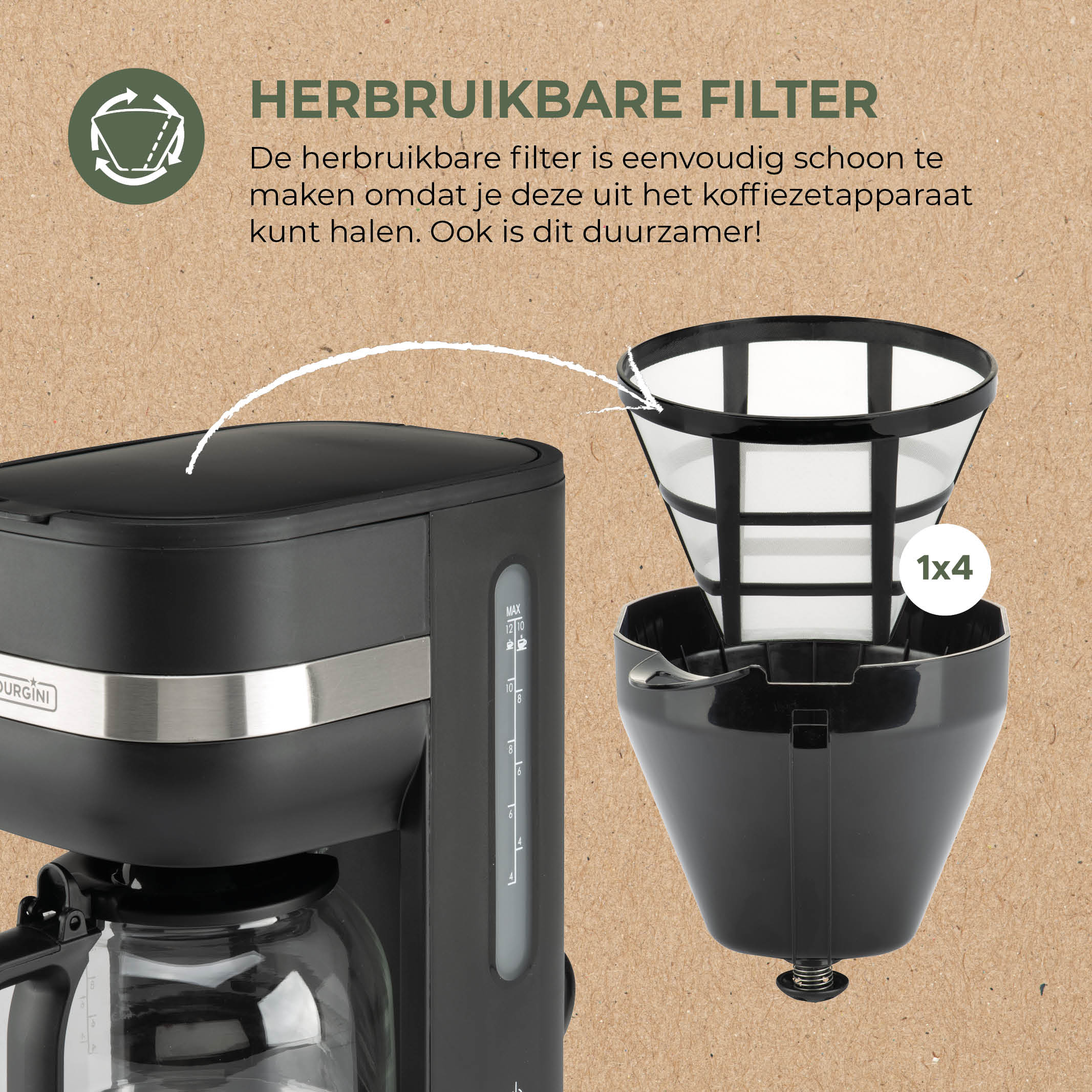 Koffiezetapparaat met een zwart filter. Het filter is uitneembaar en herbruikbaar. Tekst op bruine achtergrond.