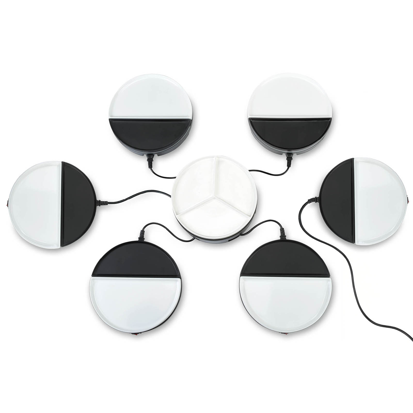 Six white and black semi-circular lights connected to a central light by black wires, against a white background.