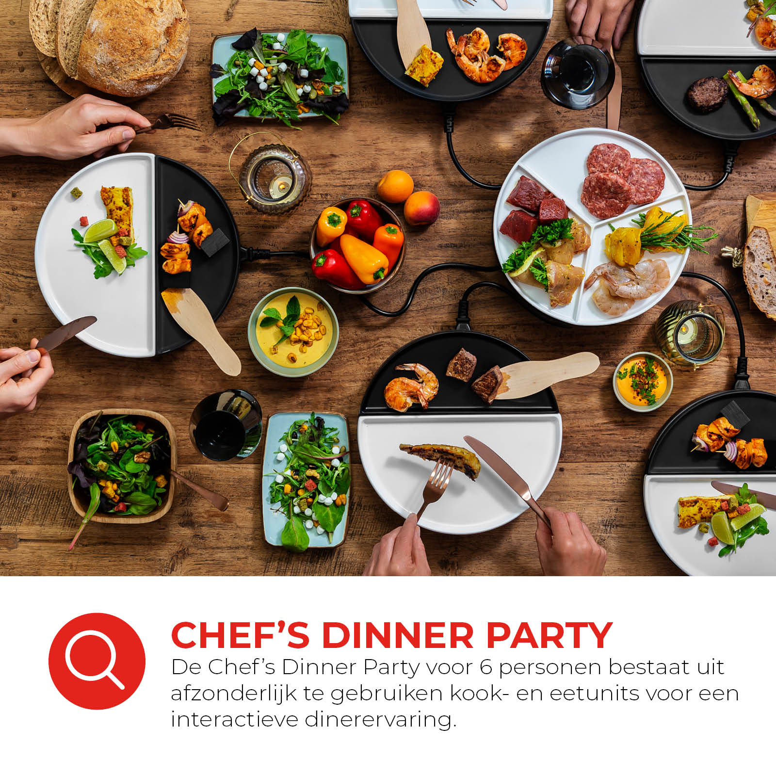 A dinner party with various dishes and cooking units on a wooden table, with people eating. Various plates and food are visible.