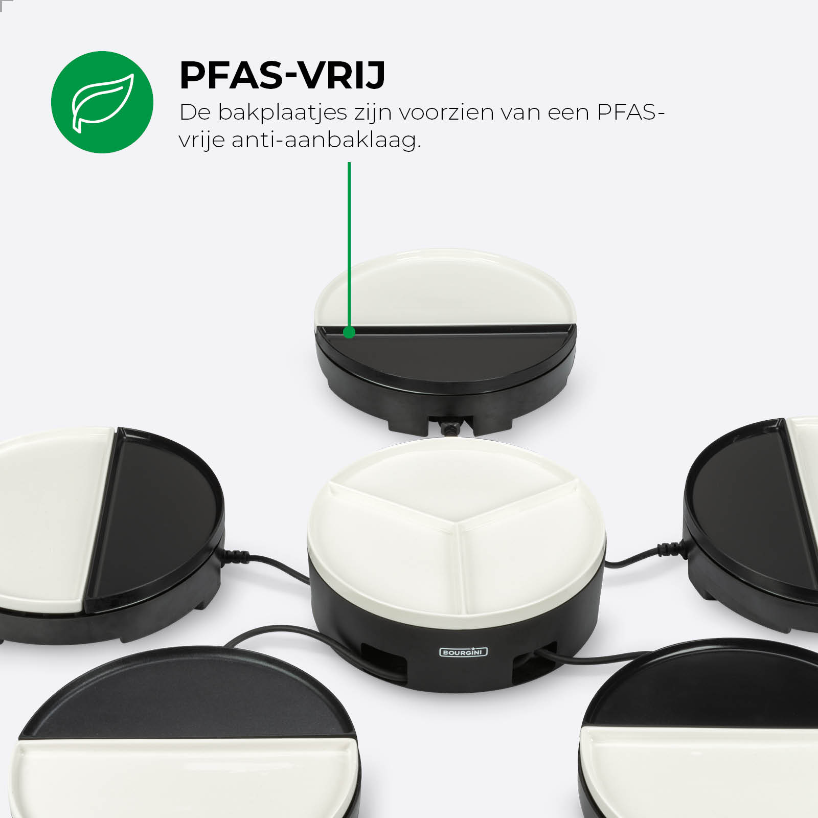 Image shows a cooking appliance with white and black sections. Text says 'PFAS-free' and describes the non-stick surface.