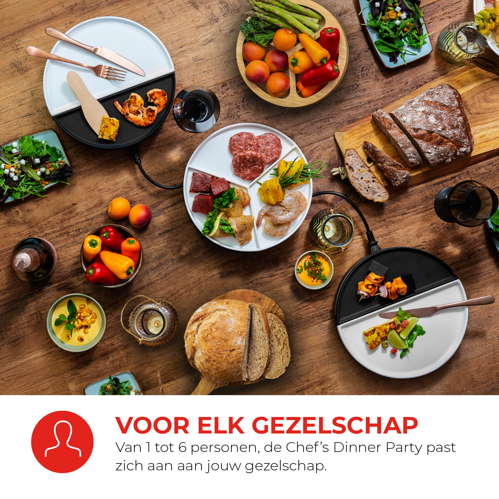 Overhead shot of a wooden table set for a dinner party, featuring plates of food, drinks, and various ingredients.