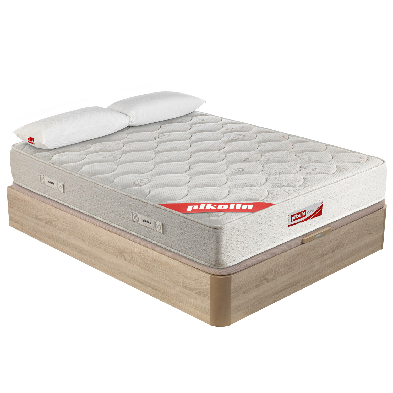 Una cama con colchón blanco, dos almohadas y base de madera marrón claro. Tiene el logo 'pikolin'.