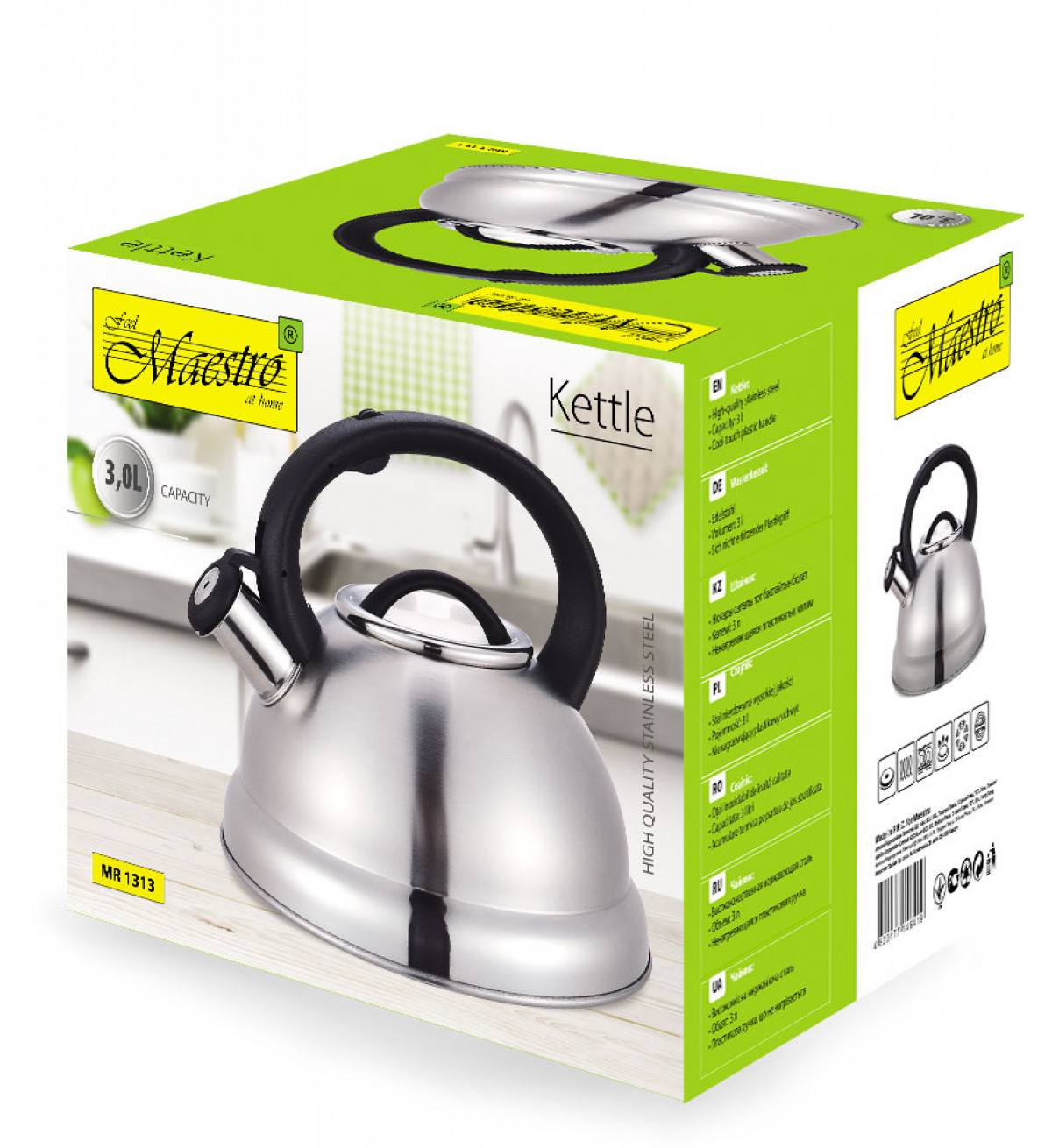 Un bollitore in acciaio inossidabile con manico nero, su una scatola con dettagli verdi e bianchi, Kettle at home Maestro.