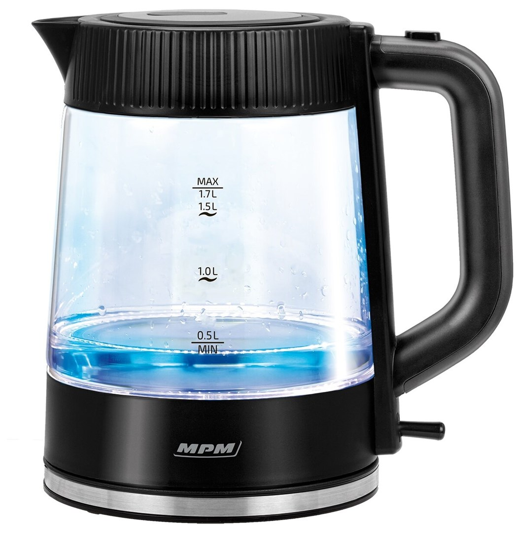 Bollitore elettrico in vetro nero e trasparente. Acqua all'interno con luce blu. Segni di capacità e un manico nero visibili.