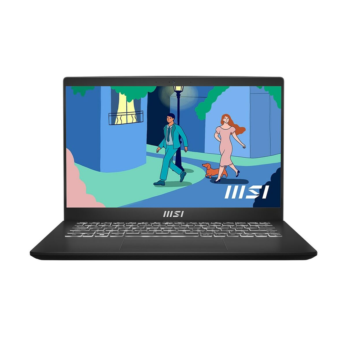Laptop wyświetlający stylizowaną scenę: mężczyzna idący, kobieta z psem i budynek z oknem. Widoczne logo MSI.