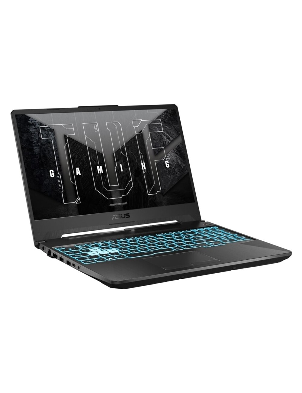 Siyah ASUS TUF Gaming dizüstü bilgisayar. Ekranda 'TUF GAMING' logosu. Mavi arka aydınlatmalı klavye. Dizüstü bilgisayar açık.