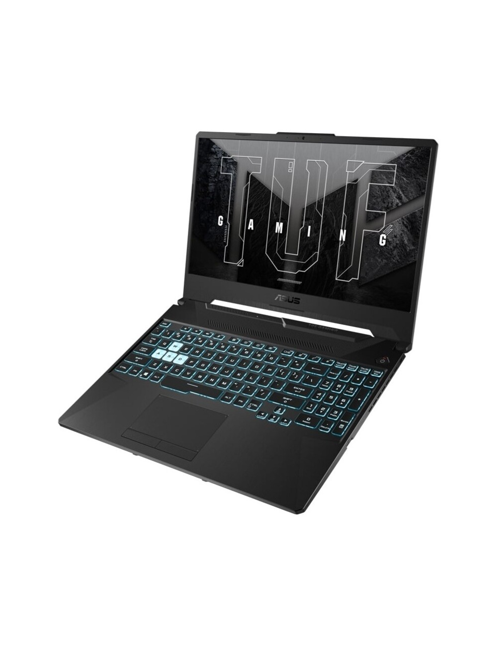 Siyah ASUS TUF oyun laptopu. Ekranında 'TUF GAMING' logosu var. Klavyede mavi ışıklı tuşlar bulunuyor. Beyaz arka plan.