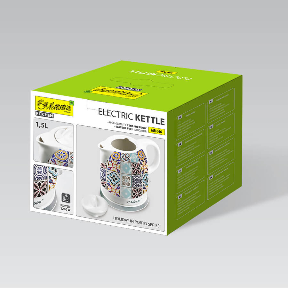 Pudełko przedstawia czajnik elektryczny z kolorowym wzorem płytek. Oznaczone jako 'Holiday in Porto Series' i 'Electric Kettle'.