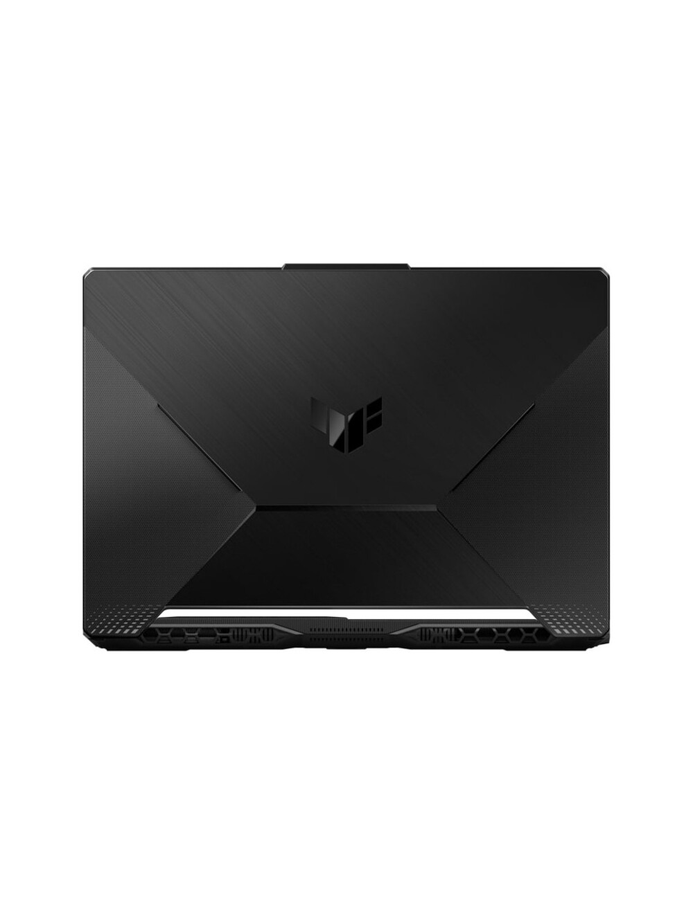 Dokulu bir kapağa sahip siyah dizüstü bilgisayar. ASUS TUF logosu ortalanmıştır. Alt kenarda havalandırma delikleri ve bağlantı noktaları var.