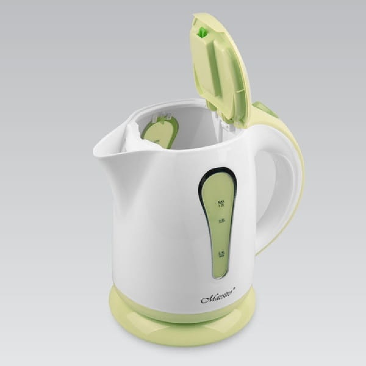 Biały czajnik elektryczny z zieloną pokrywką i podstawą. Pokrywka jest otwarta, odsłaniając wnętrze. Widoczny wskaźnik poziomu wody.