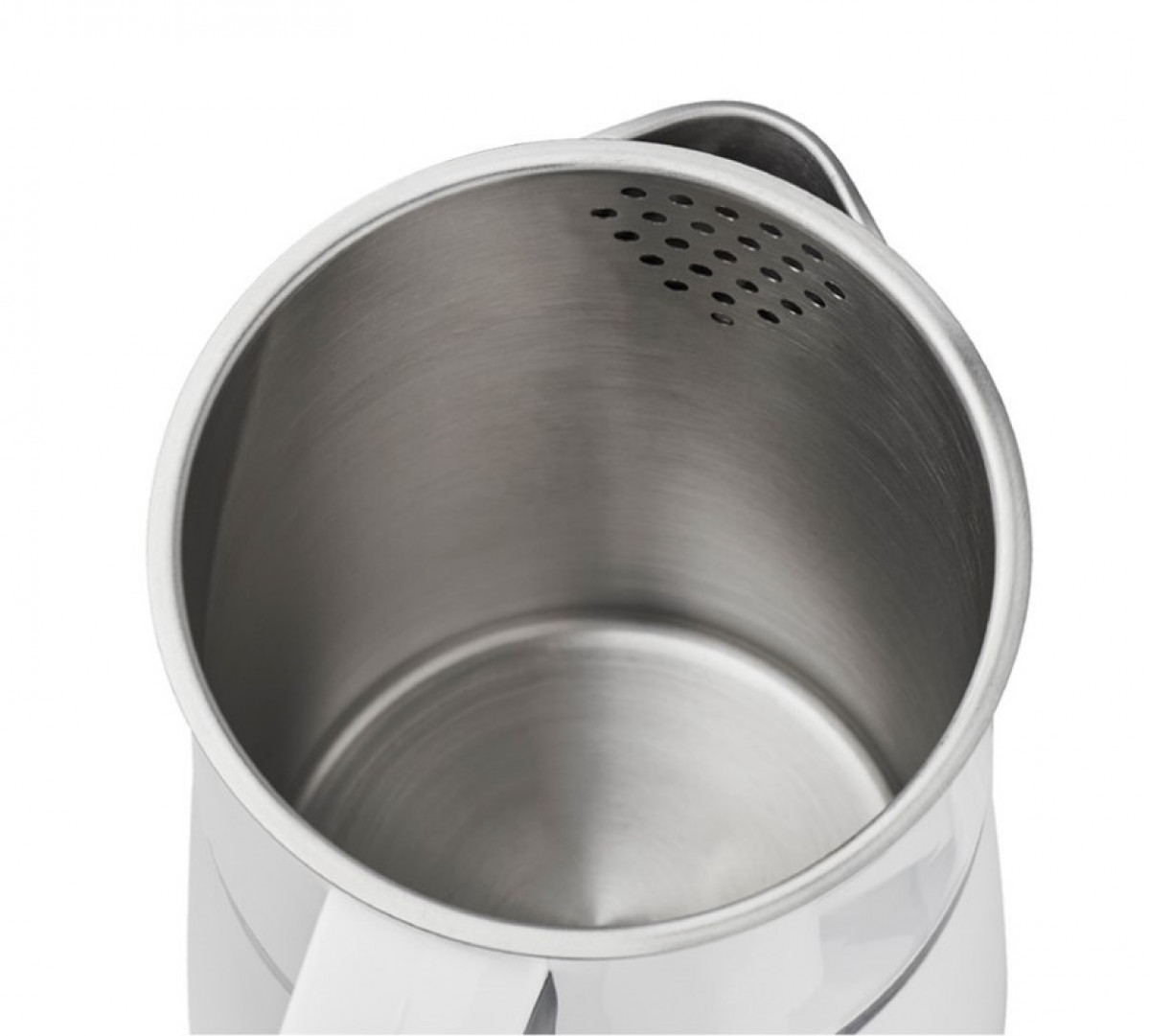 Widok od wewnątrz czajnika ze stali nierdzewnej. U góry uchwyt i sekcja z małymi otworami. Wnętrze jest błyszczące.