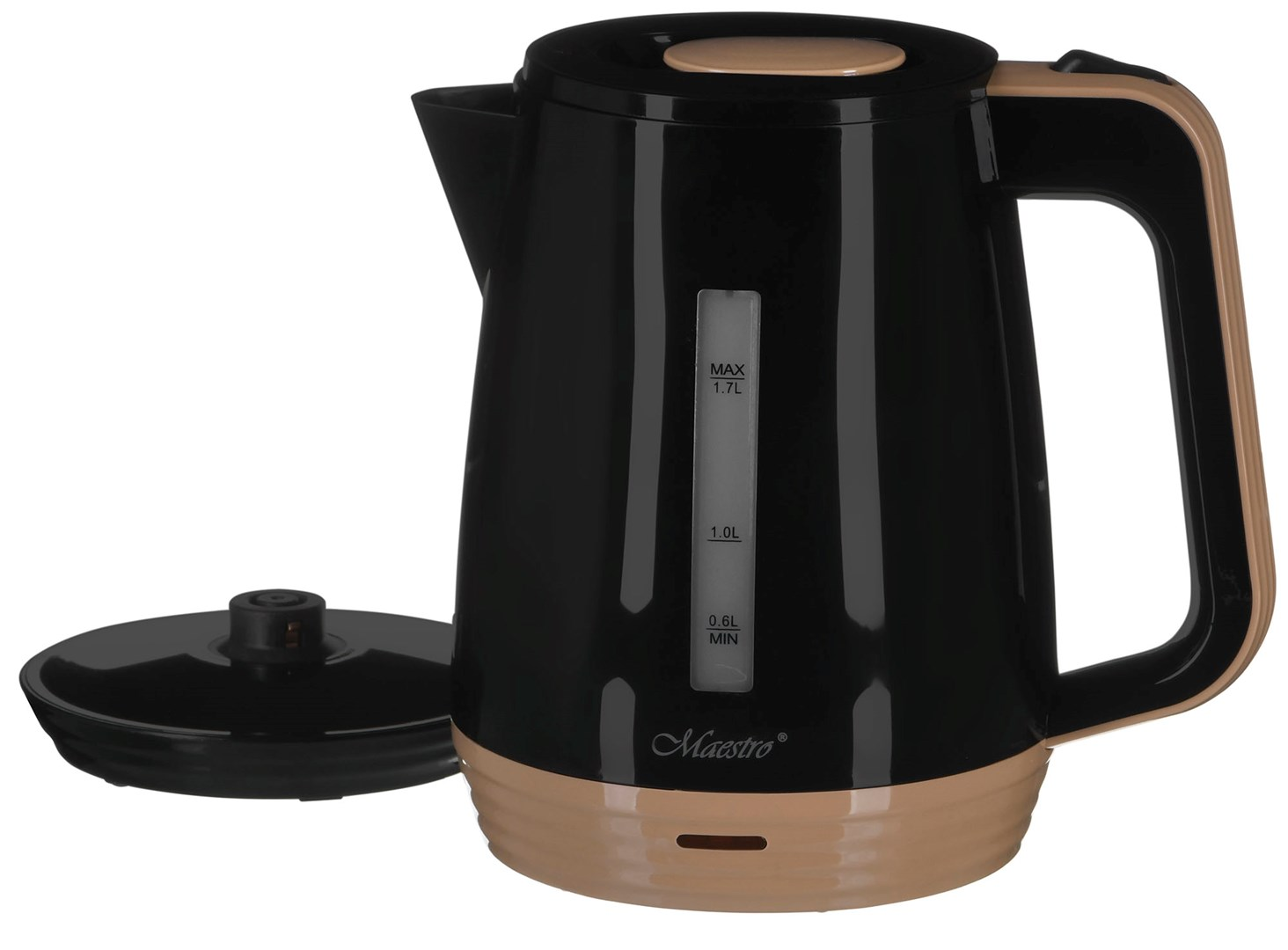 Un bollitore elettrico nero e beige con coperchio rimosso. Ha un manico e un indicatore del livello dell'acqua.