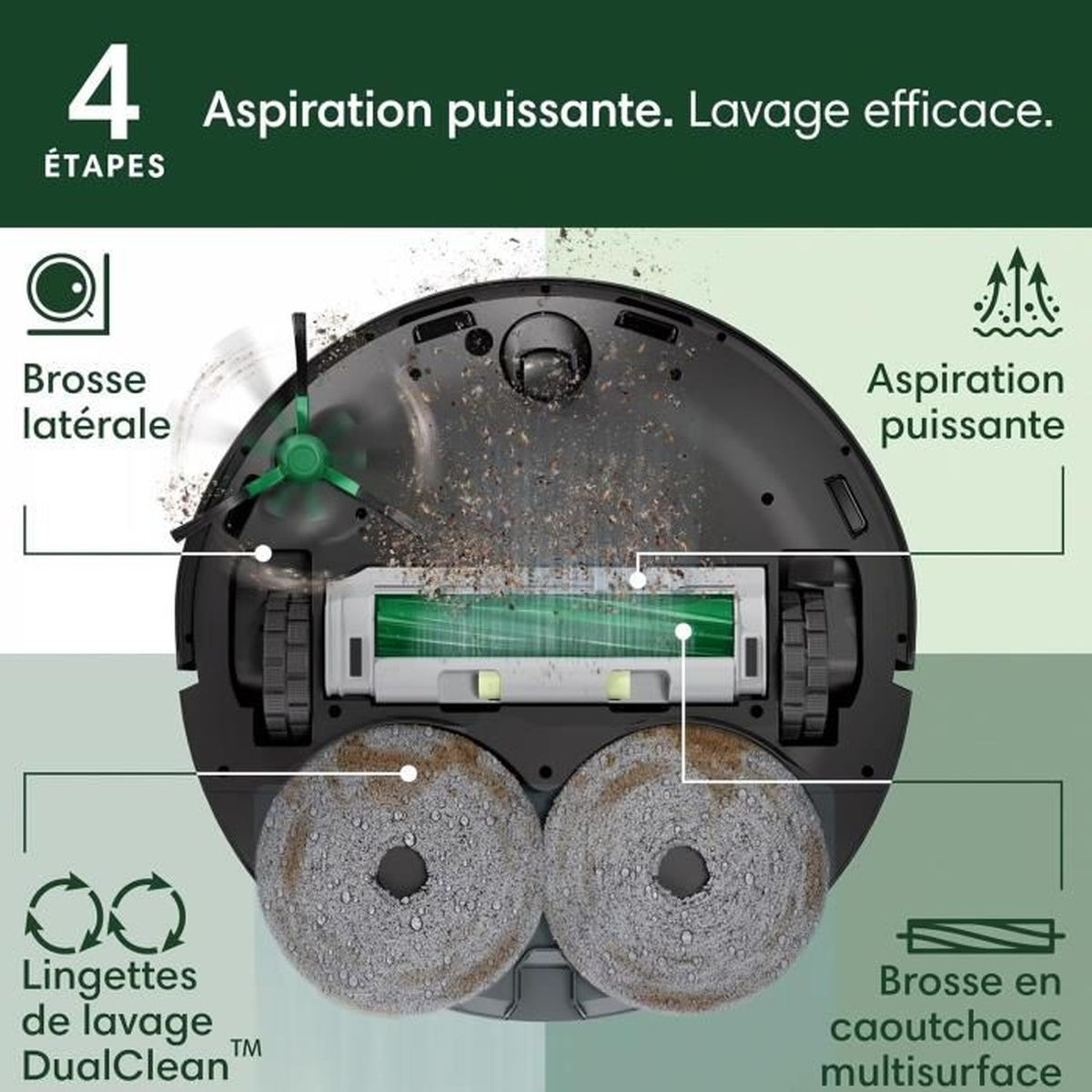 Vista cenital de un robot aspirador. Muestra un cepillo lateral, una almohadilla de limpieza DualClean, una succión potente y un cepillo de goma multisuperficie.
