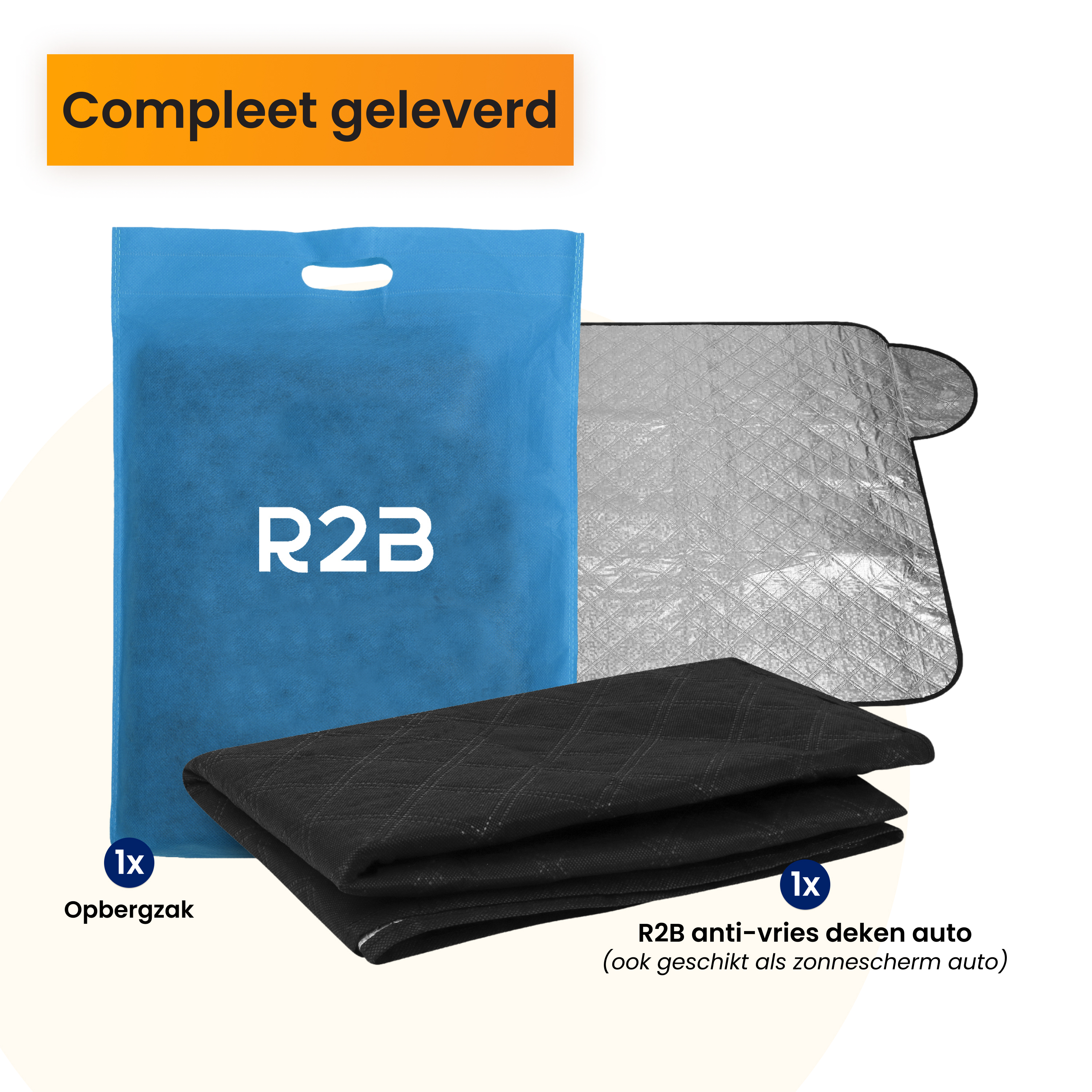 Image shows a blue bag, a silver windshield cover, and a black cover. Text reads 'R2B anti-vries deken auto'.