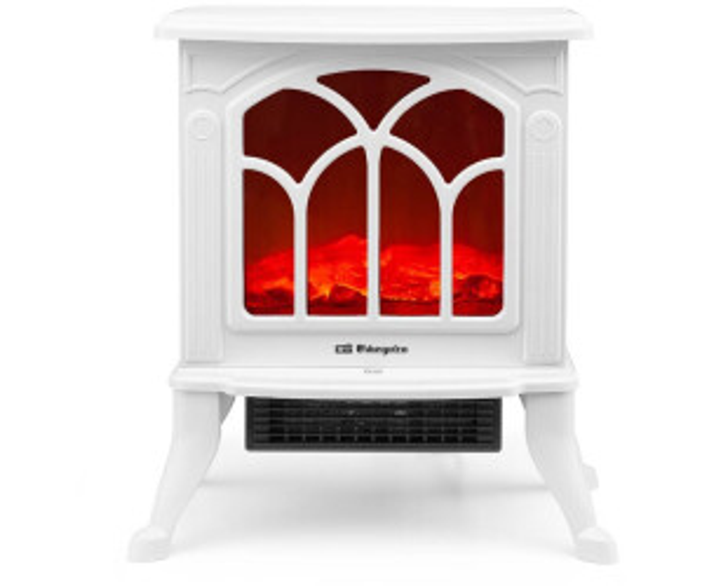Una chimenea eléctrica blanca con una ventana arqueada que muestra un efecto de fuego rojo brillante. Tiene una rejilla negra en la parte inferior.