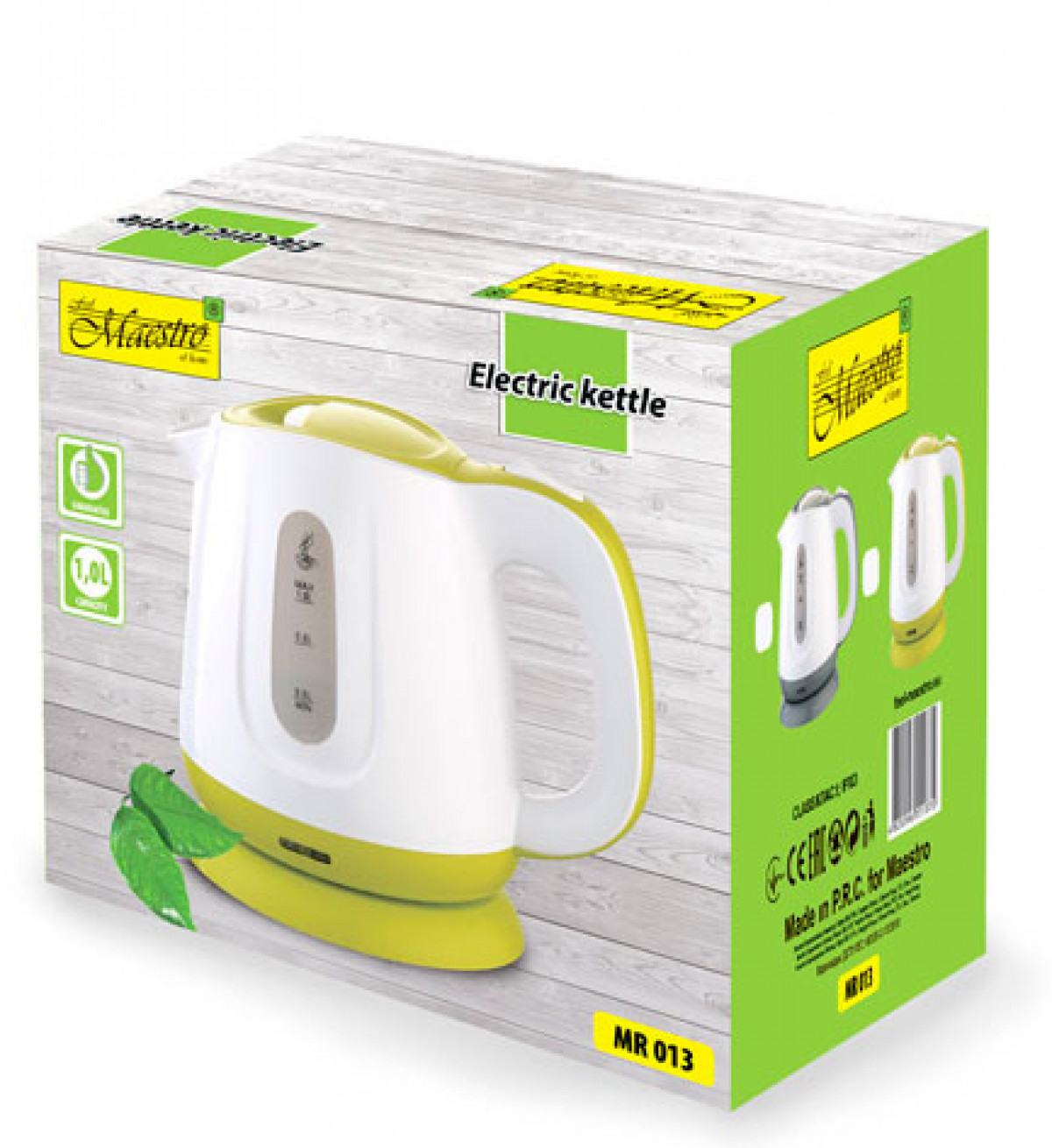 Biały i żółty czajnik elektryczny w pudełku. Pudełko ma zielony bok ze zdjęciem czajnika i tekstem.