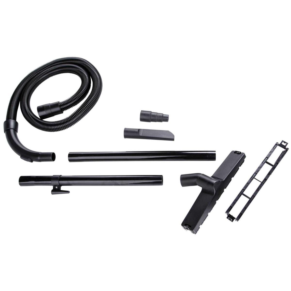 Czarne akcesoria do odkurzacza na białym tle. Zawiera wąż, rury, dysze i ramę. Wszystko czarne, ułożone na białym tle.