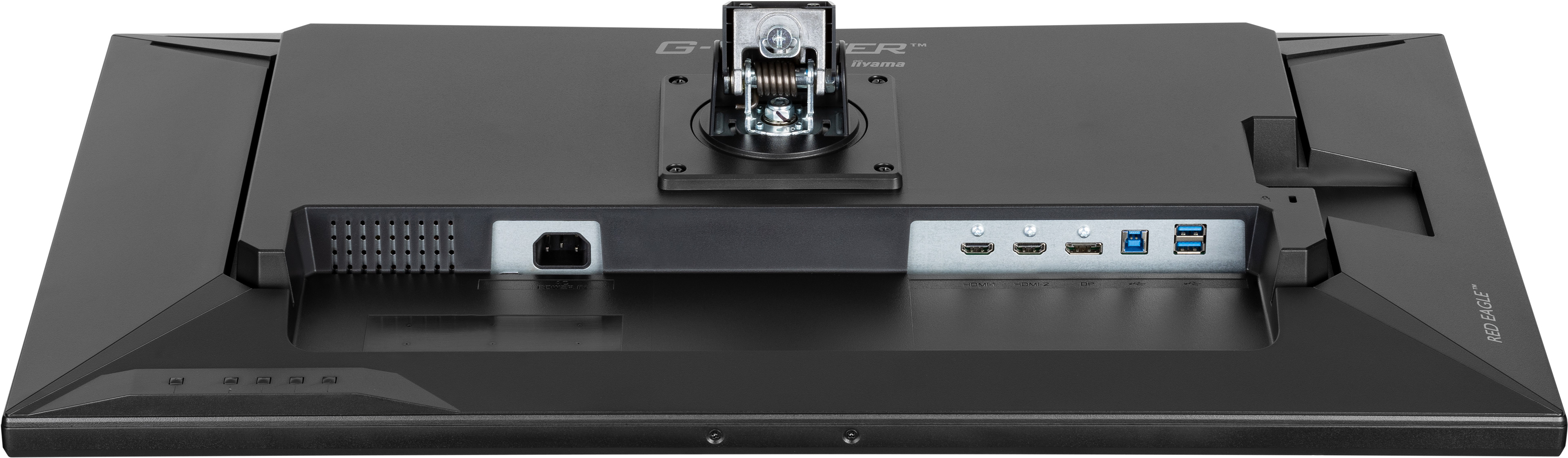 Vista posteriore di un monitor del computer nero. Ha porte di connessione e un supporto. Marchio: G-Master di iiyama.