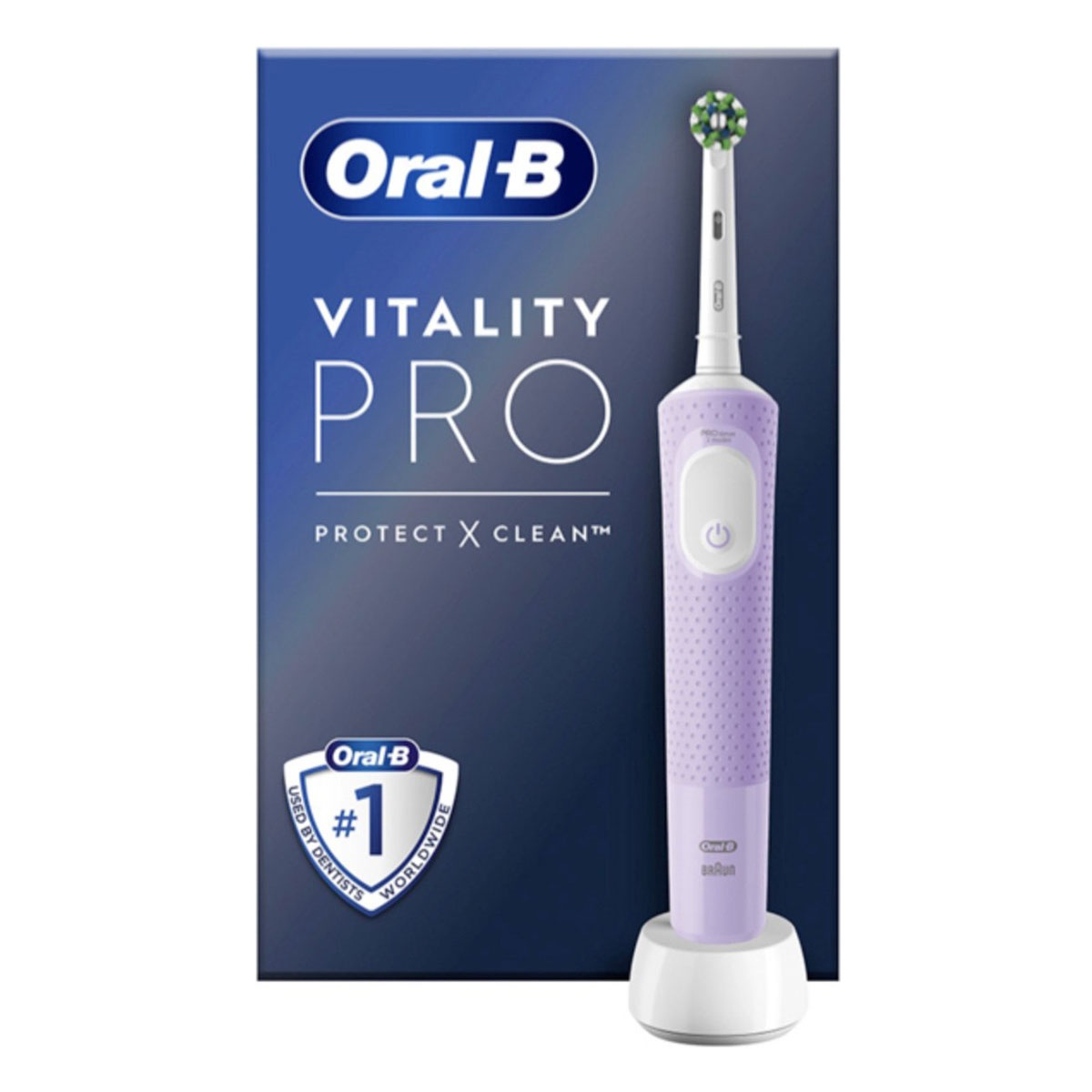 Elektryczna szczoteczka do zębów Oral-B Vitality Pro na białej podstawie ładującej, przed pudełkiem z tą samą marką.