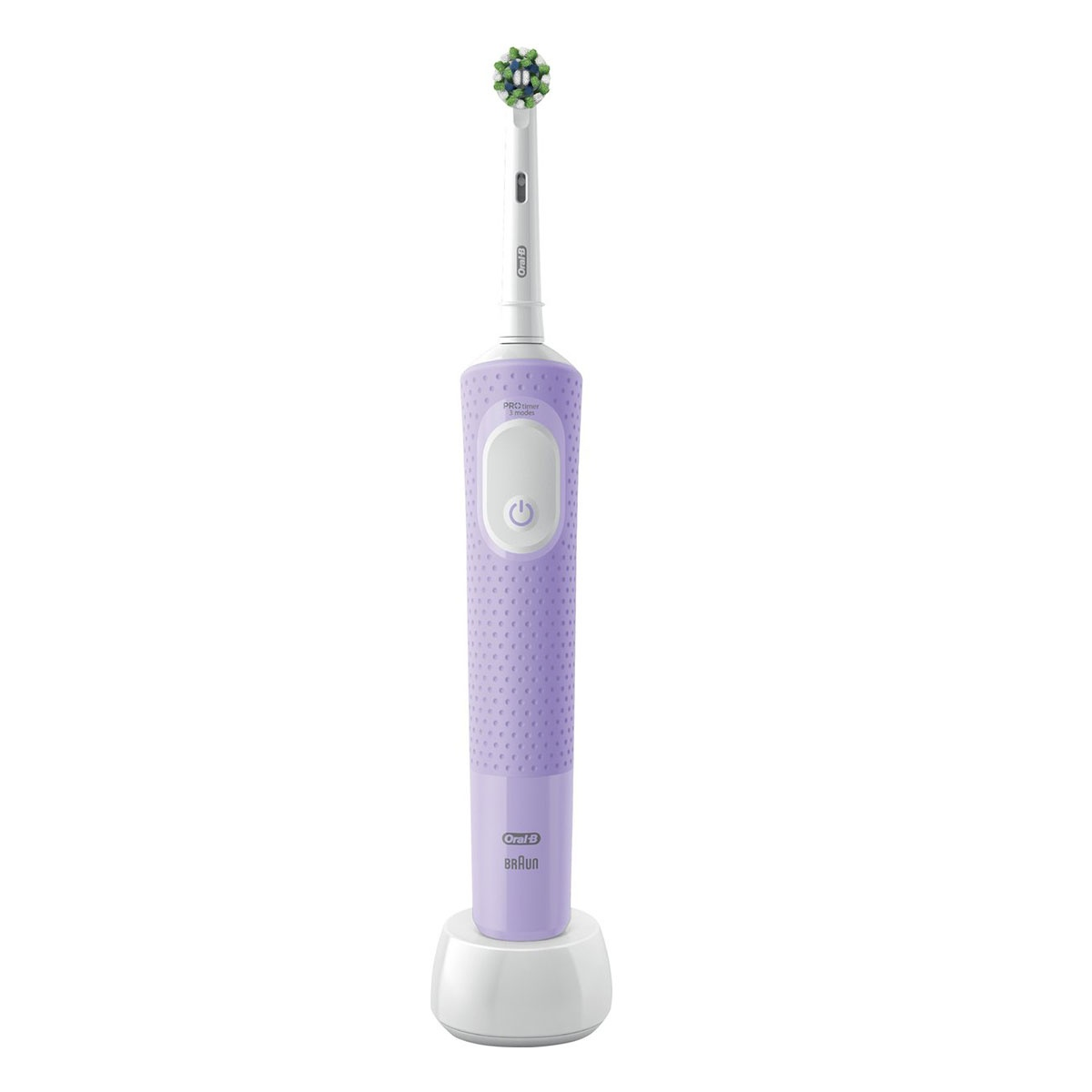 Fioletowa elektryczna szczoteczka do zębów Oral-B z zielono-białą główką, spoczywająca na białej stacji ładującej.