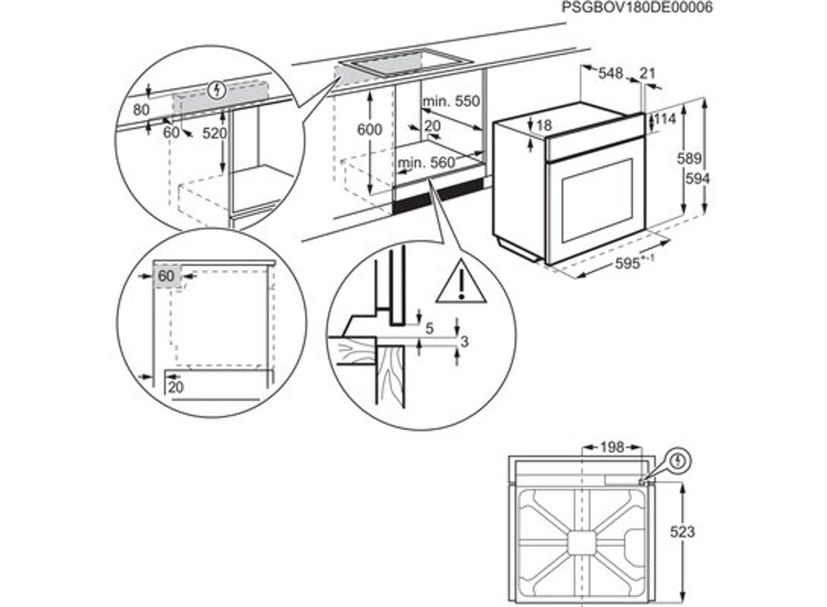 Schema di un forno con dimensioni e istruzioni di installazione, comprese le dimensioni di taglio e gli spazi.