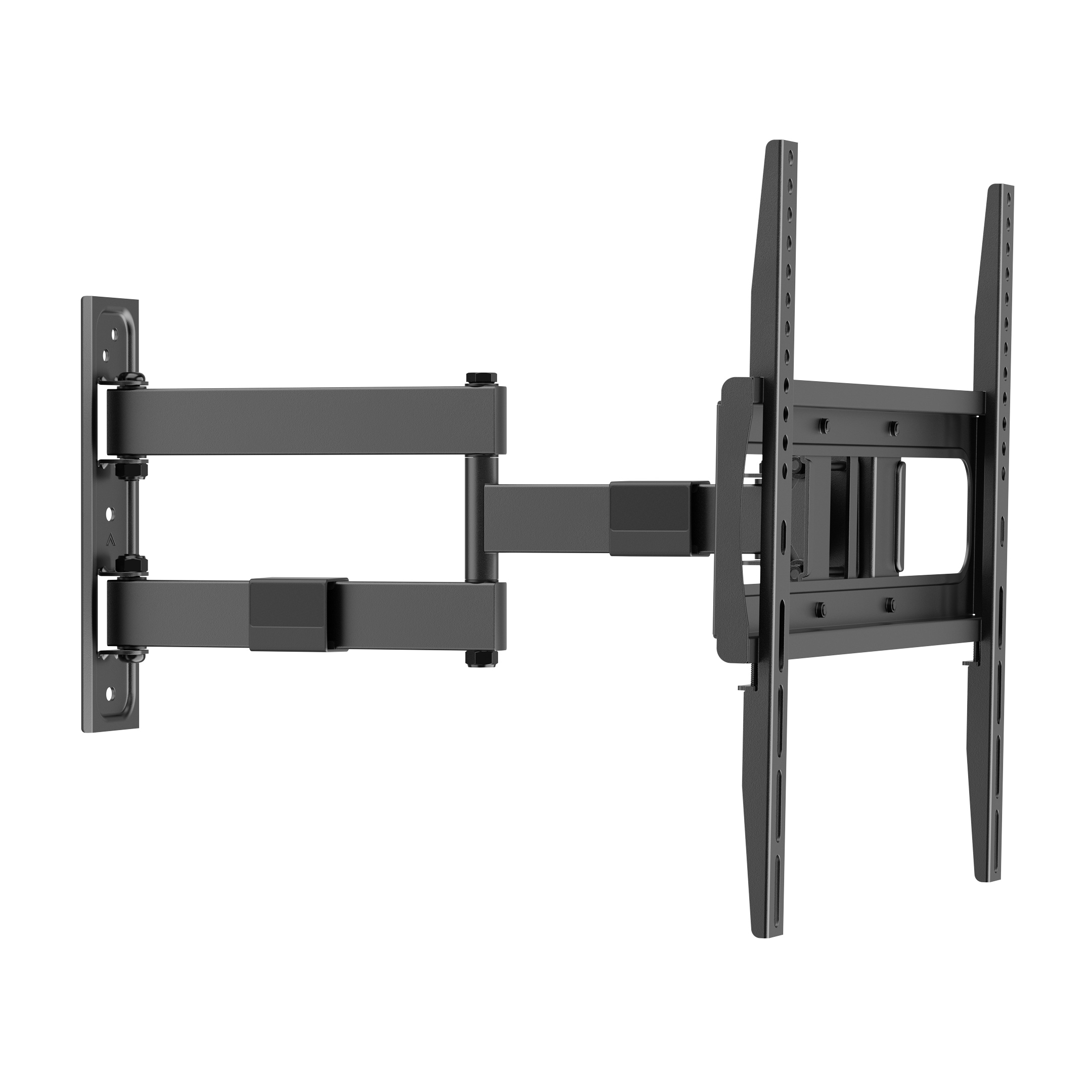 Un supporto da parete per TV grigio scuro articolato. Ha più giunti e piastre di montaggio per TV a schermo piatto.