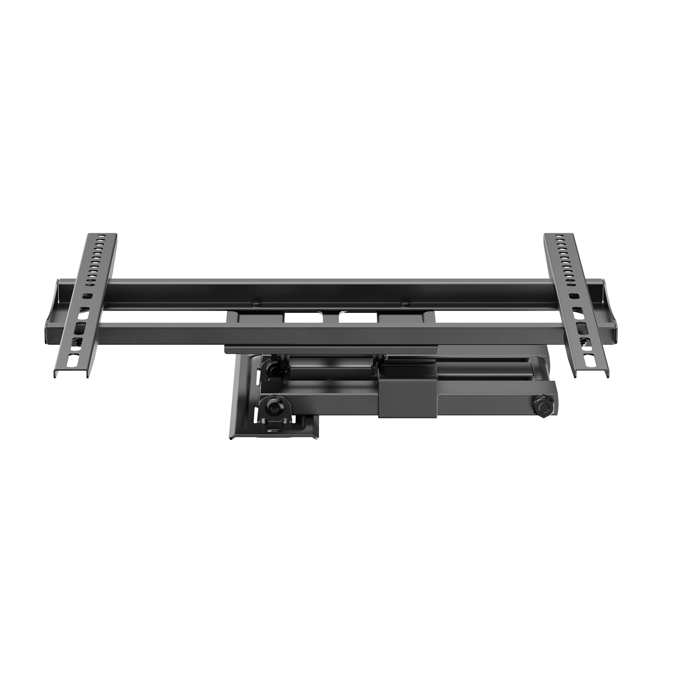 Un supporto a parete per TV nero e regolabile è centrato su uno sfondo bianco. Sono visibili bracci e staffe metalliche.