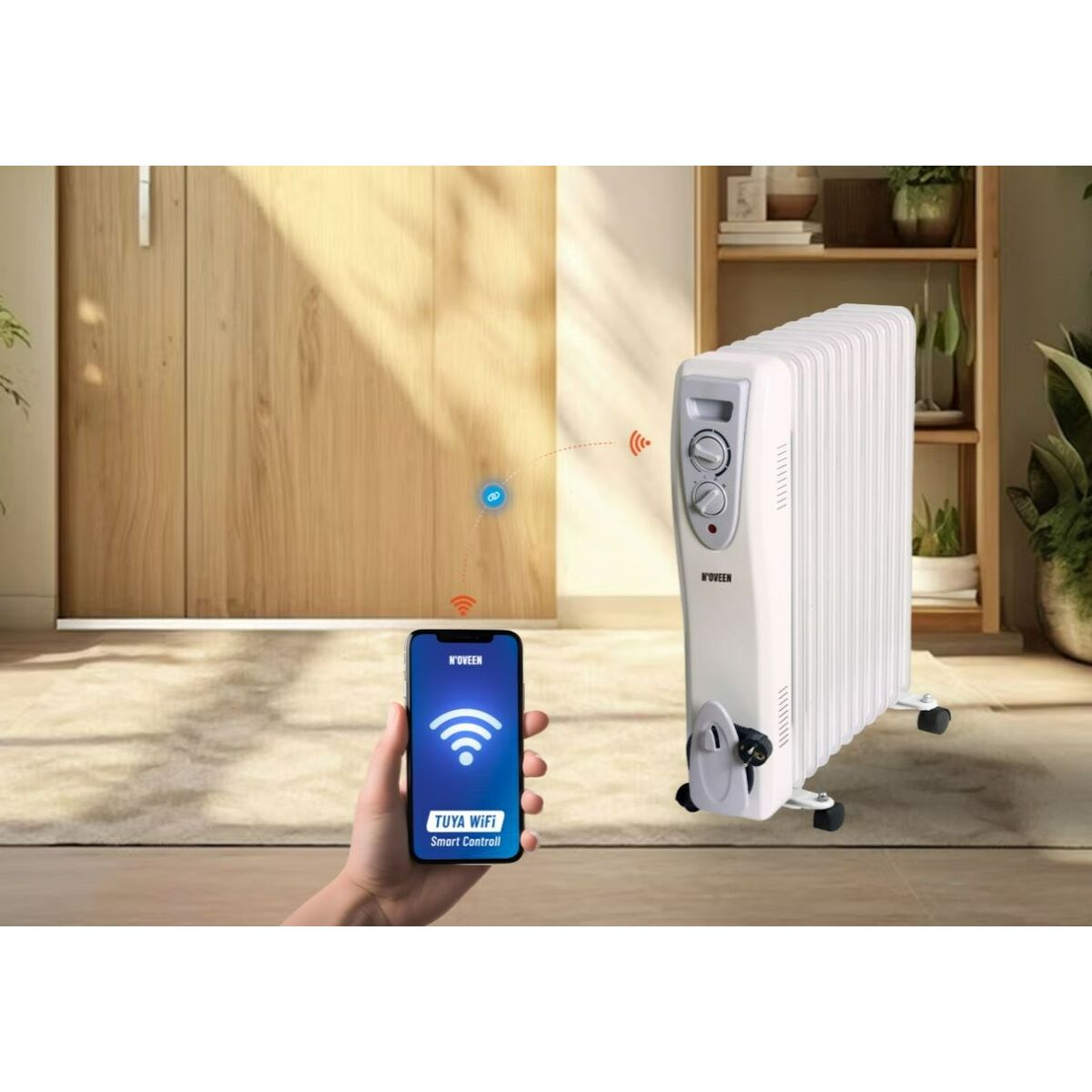 Una mano tiene un telefono con segnale wifi, con un radiatore a destra. Una porta a sinistra. Il telefono controlla il radiatore.