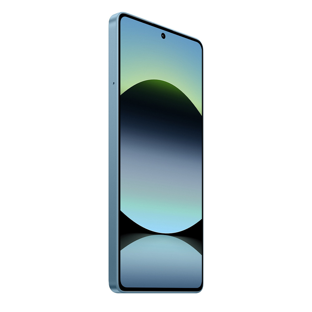 Jasnoniebieski smartfon, widok z boku. Ekran wyświetla gradient z ciemnym zakrzywionym kształtem i czarną kropką aparatu.