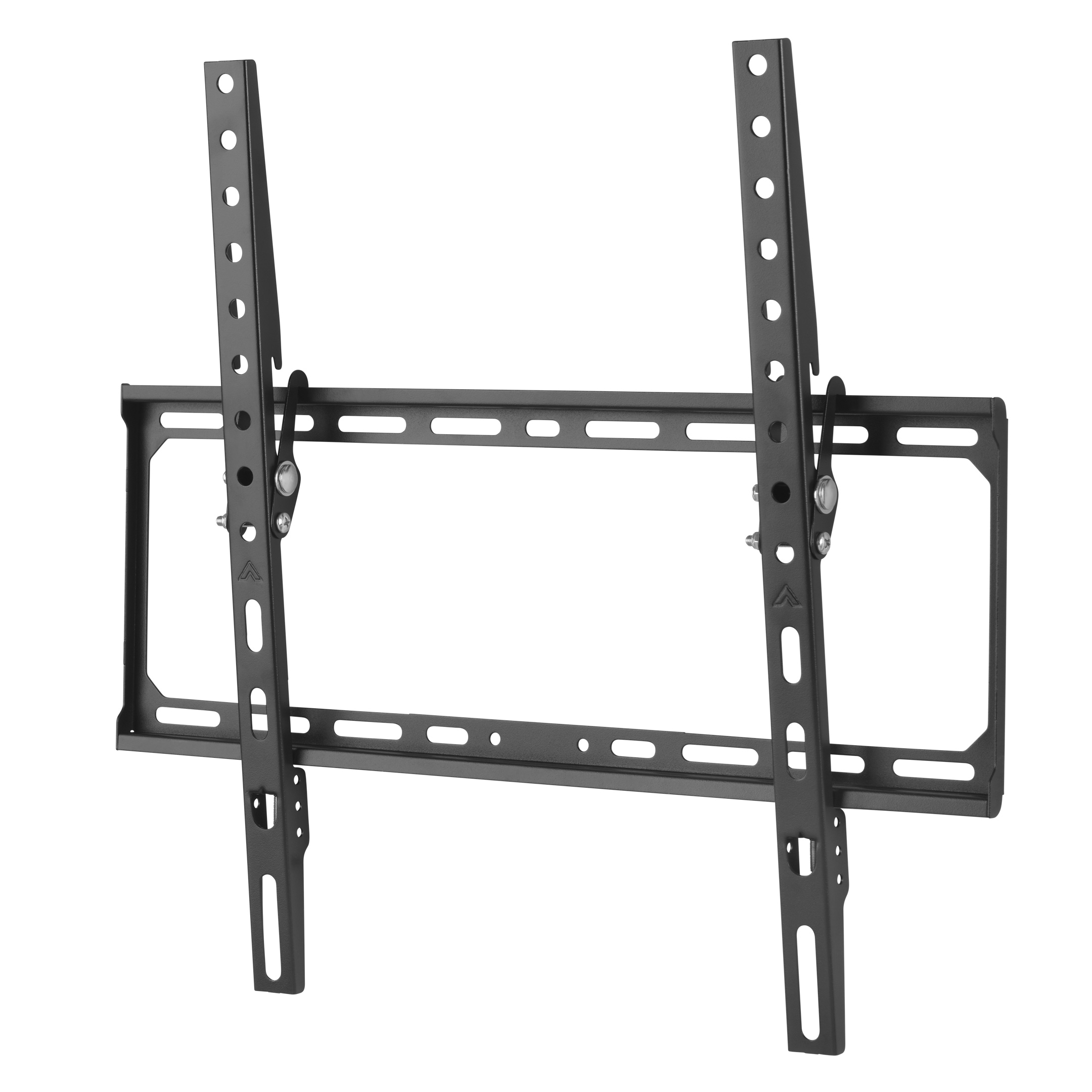 Zwarte metalen tv-muurbeugel met verticale steunen, horizontale staven en montagegaten, geïsoleerd op wit.