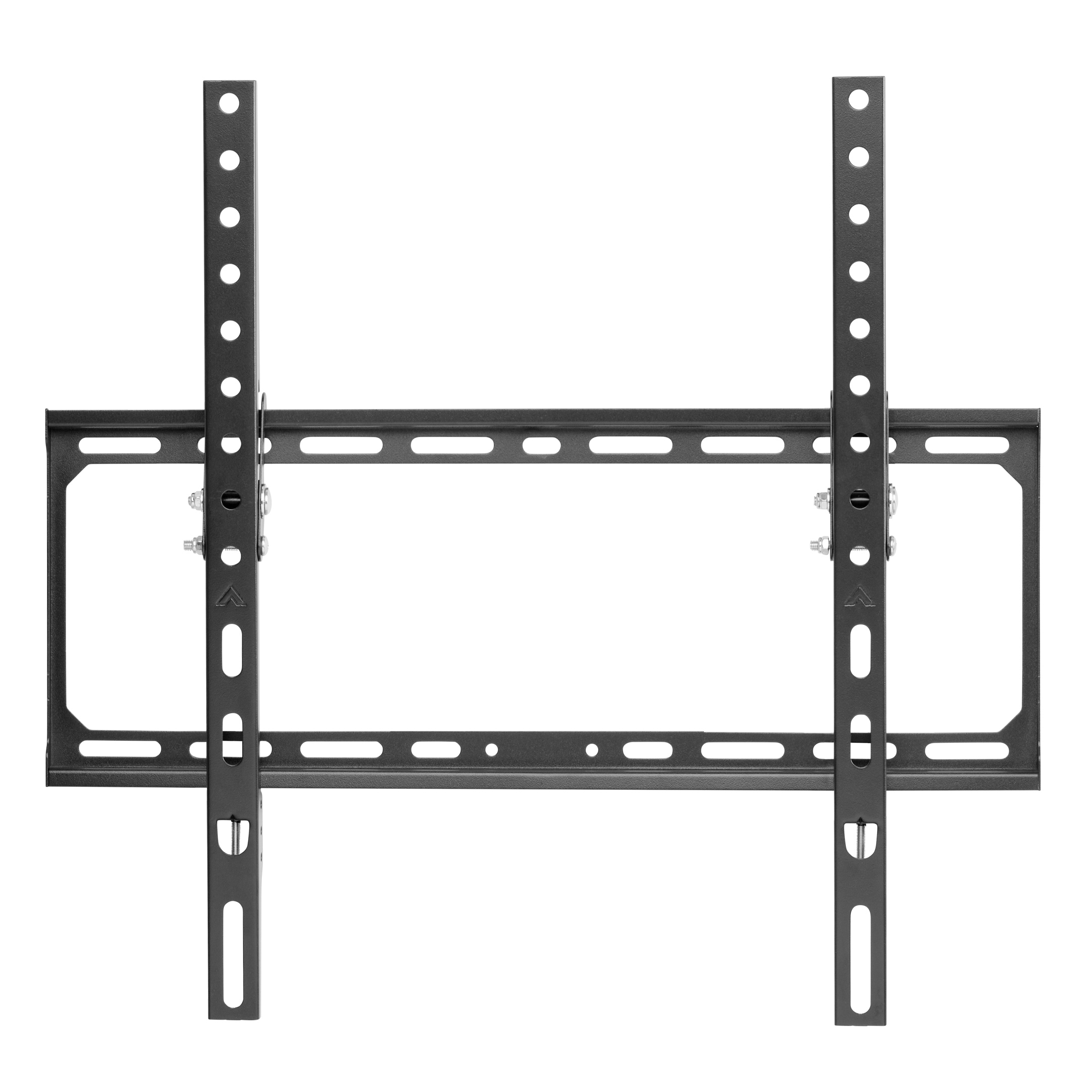 Een zwarte metalen tv-beugel. Het heeft twee verticale steunen met gaten, verbonden door horizontale balken. Witte achtergrond.