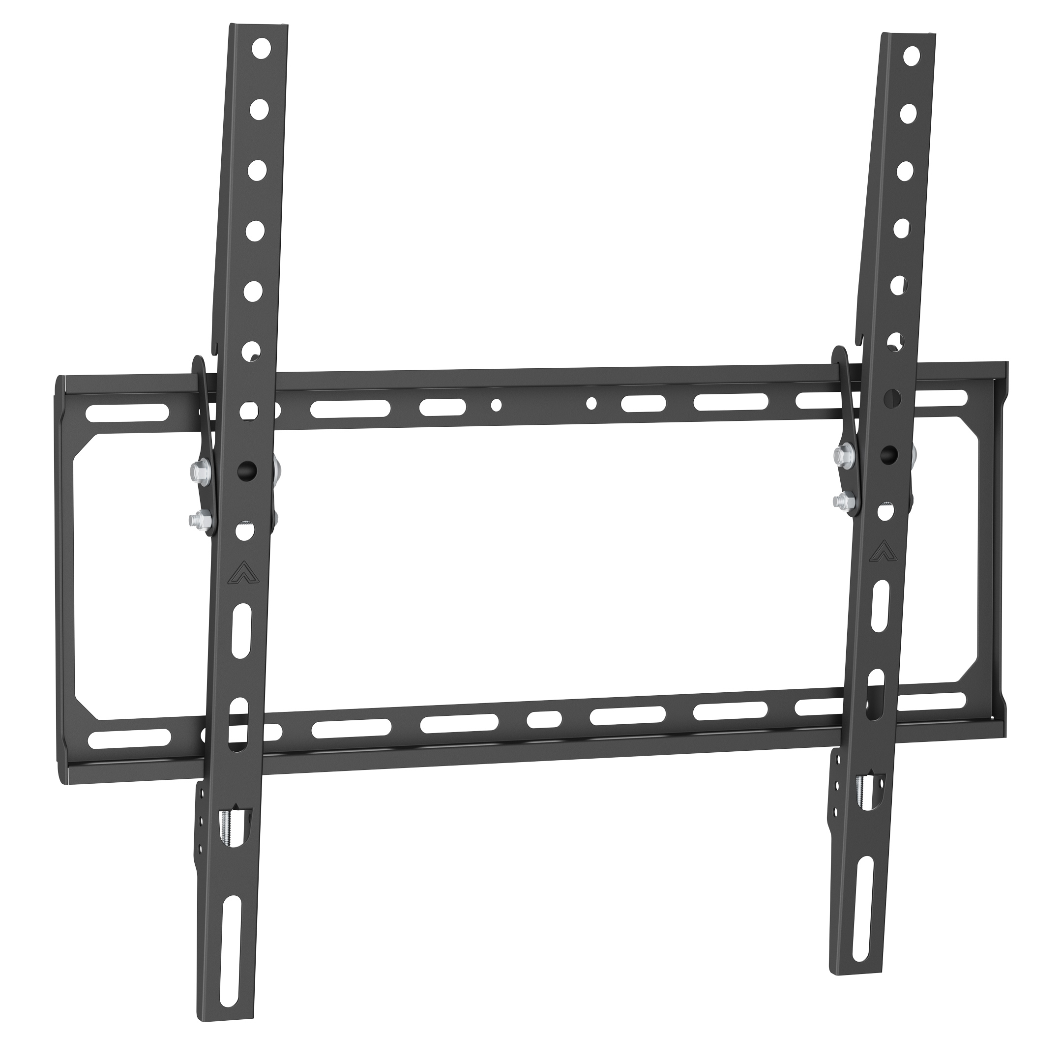 Een zwarte tv-beugel. Het heeft twee verticale steunen met gaten en een horizontale steun. Bouten en moeren zijn zichtbaar.
